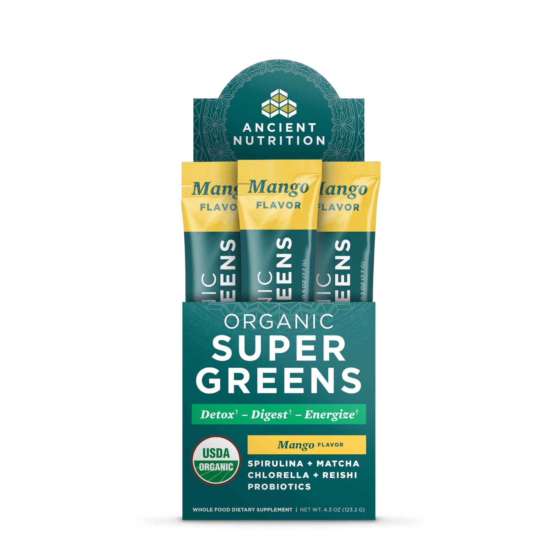 Ancient Nutrition SuperGreens Powder with Probiotics, Organic Mango Flavor Greens, Made from Real Fruits, Vegetables and Herbs, Digestive and Energy Support, 16 Stick Packs, 4.3oz Ancient NutritionAu supplements