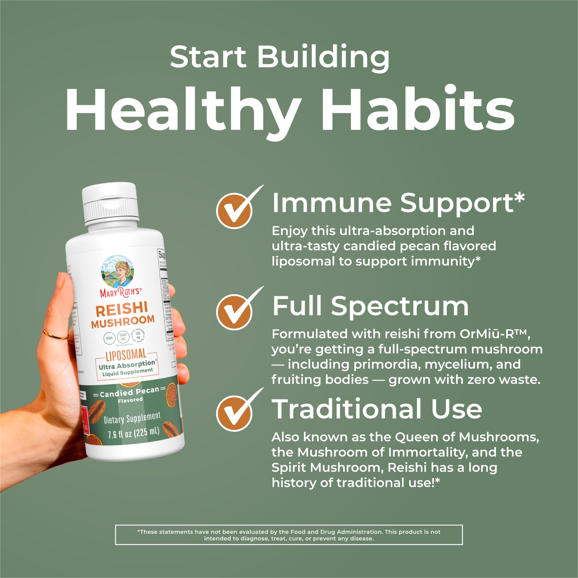 MaryRuth Organics Reishi Vegan Mushroom Supplement | Ultra Absorption Liposomal | Immune Support with 200mg Beta-Glucans, Vegan |Full Spectrum Reishi Mushrooms Fruiting Body | 7.6 oz, MARYRUTH'SUS supplements