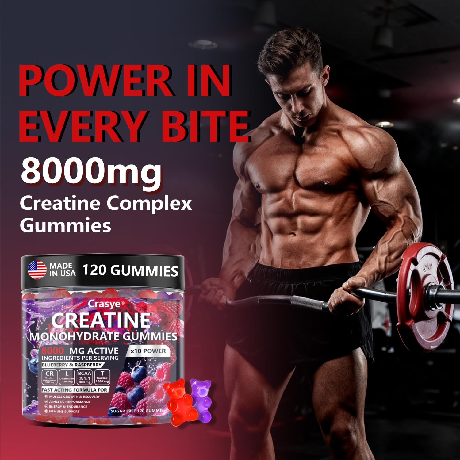 Crasye Creatine Gummies Complex 8000mg for Men and Women Creatine Monohydrate Gummy with BCAA Taurine for Muscle Strength and Energy Boost Sugar CrasyeUS supplements