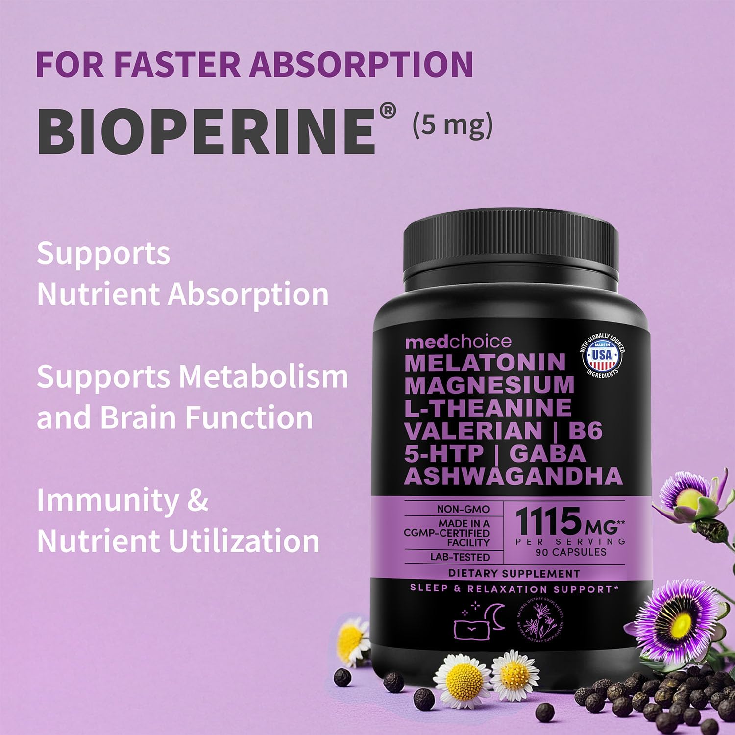 12-in-1 Melatonin Sleep Capsules - Natural Sleep Aids for Adults with Melatonin 5mg and Magnesium Glycinate 500mg, Sleep Aid with Ashwagandha, L Theanine, Valerian Root, GABA, 5-HTP (90ct, Pack of 1) MEDCHOICEAu supplements