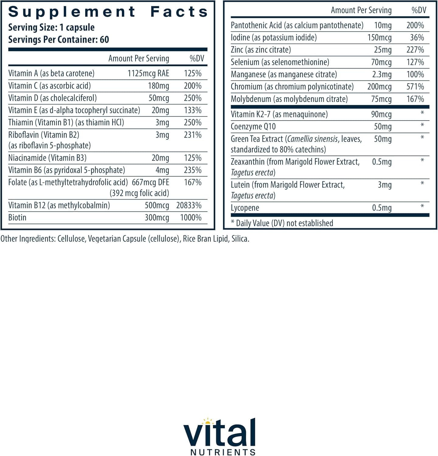 Vital Nutrients Once Daily Multivitamin - Vegan Multi for Women & Men - Allergen-Free - 19 Essential Vitamins + Antioxidants for Eye and Heart Health Vital NutrientsUS supplements
