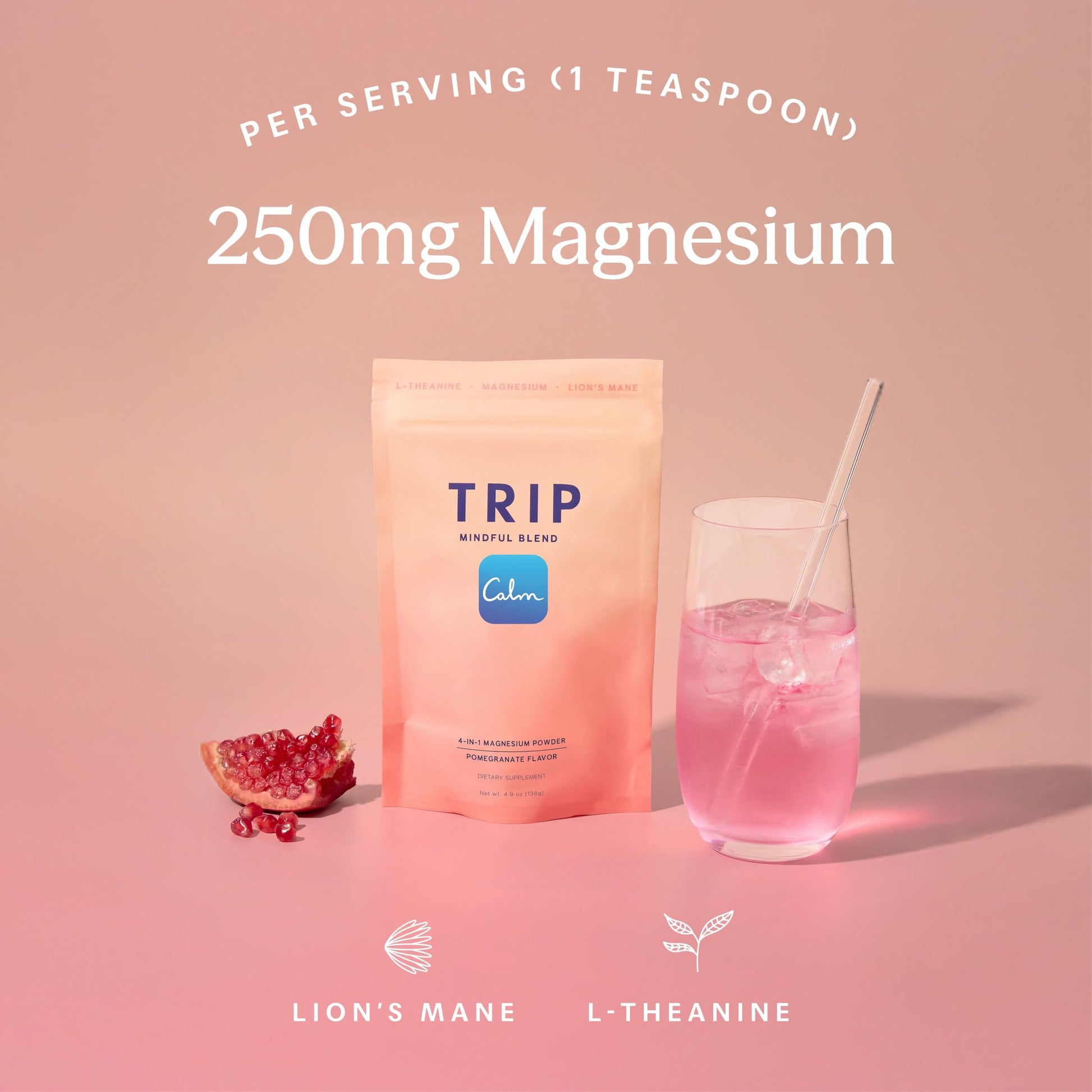 TRIP Magnesium Glycinate Powder with L-Theanine & Lion’s Mane, Sugar Free Magnesium Supplement for Adults, 250mg Magnesium per Drink Mix Serving, Pomegranate Orange Blossom, 1 Bag - 30 Servings TRIPAu supplements
