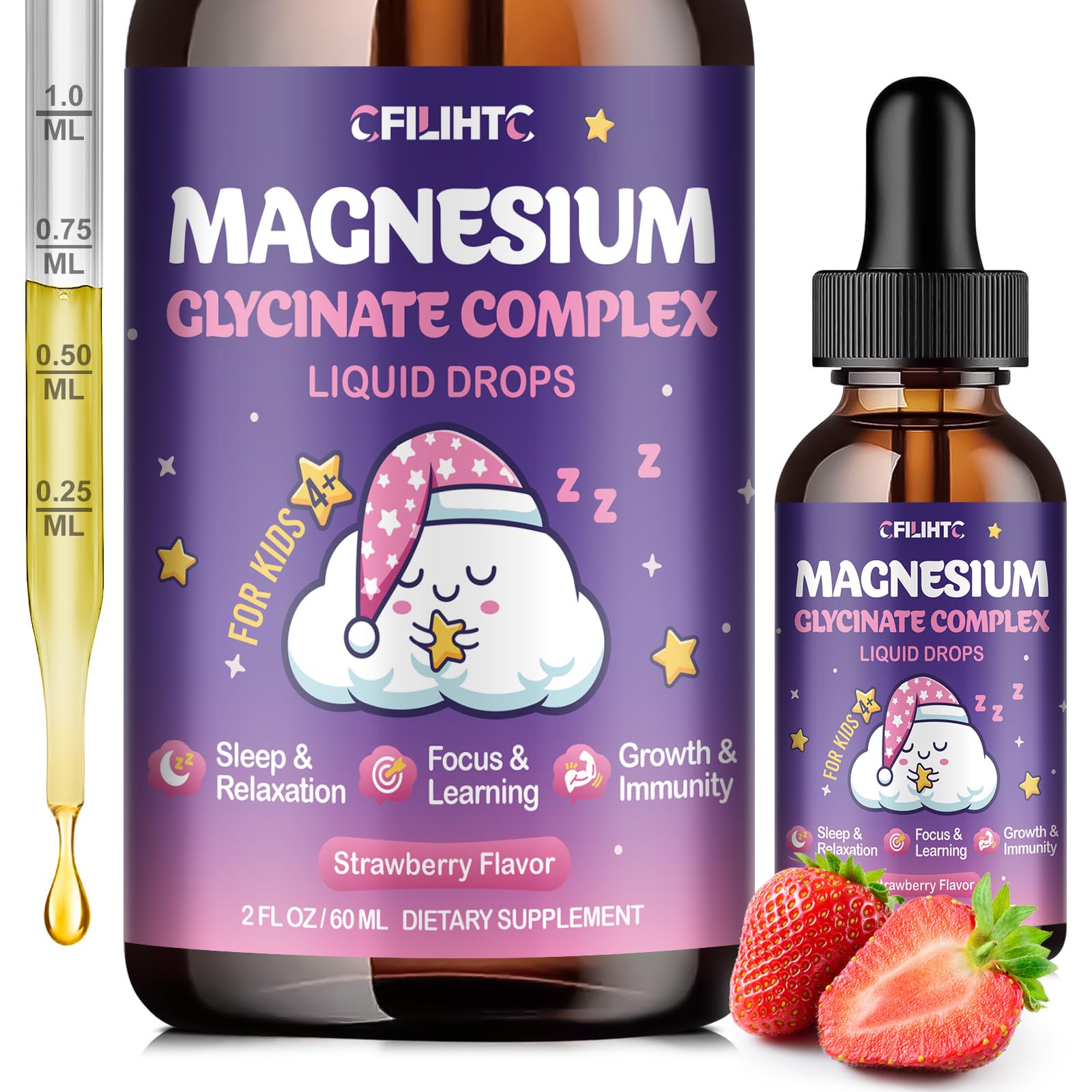 Magnesium Glycinate Liquid for Kids - Magnesium Bisglycinate Drops with L-Theanine, Chamomile & Vitamin B6, B12, C, D3 for Sleep, Relaxation, Immune Support, Calm & Focus - 2 Fl Oz, Strawberry Flavor CFILIHTCAu supplements