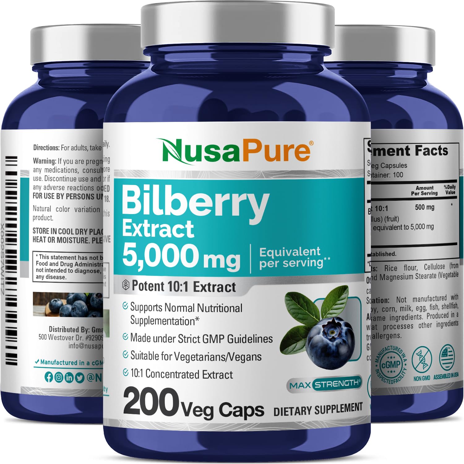 NusaPure Bilberry Extract 5,000mg 200 Vegetarian caps (Non-GMO, Vegan) NusaPureAu supplements