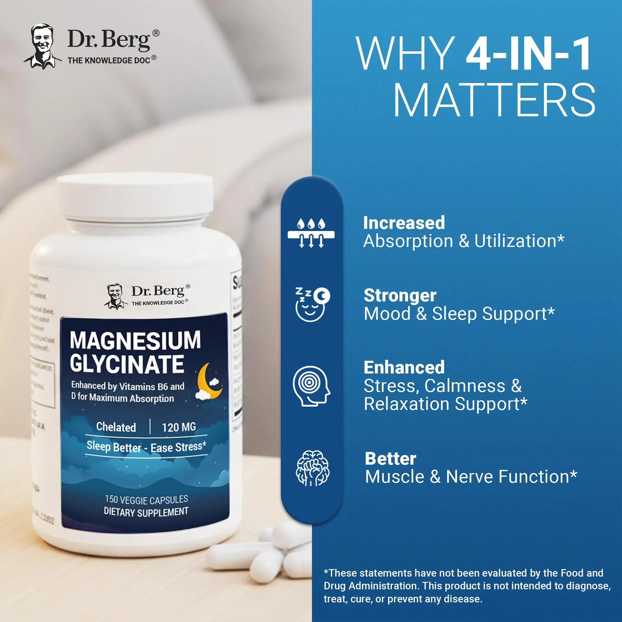 Dr. Berg Magnesium Glycinate 150ct – 4-in-1 Chelated for Muscle, Nerve, Sleep & Stress Support*– w/ D3, B6 & Zinc – 4X Lab-Tested – No Fillers – Formulated in USA, GMP-Certified Dr. Berg Nutritionalsnz supplements
