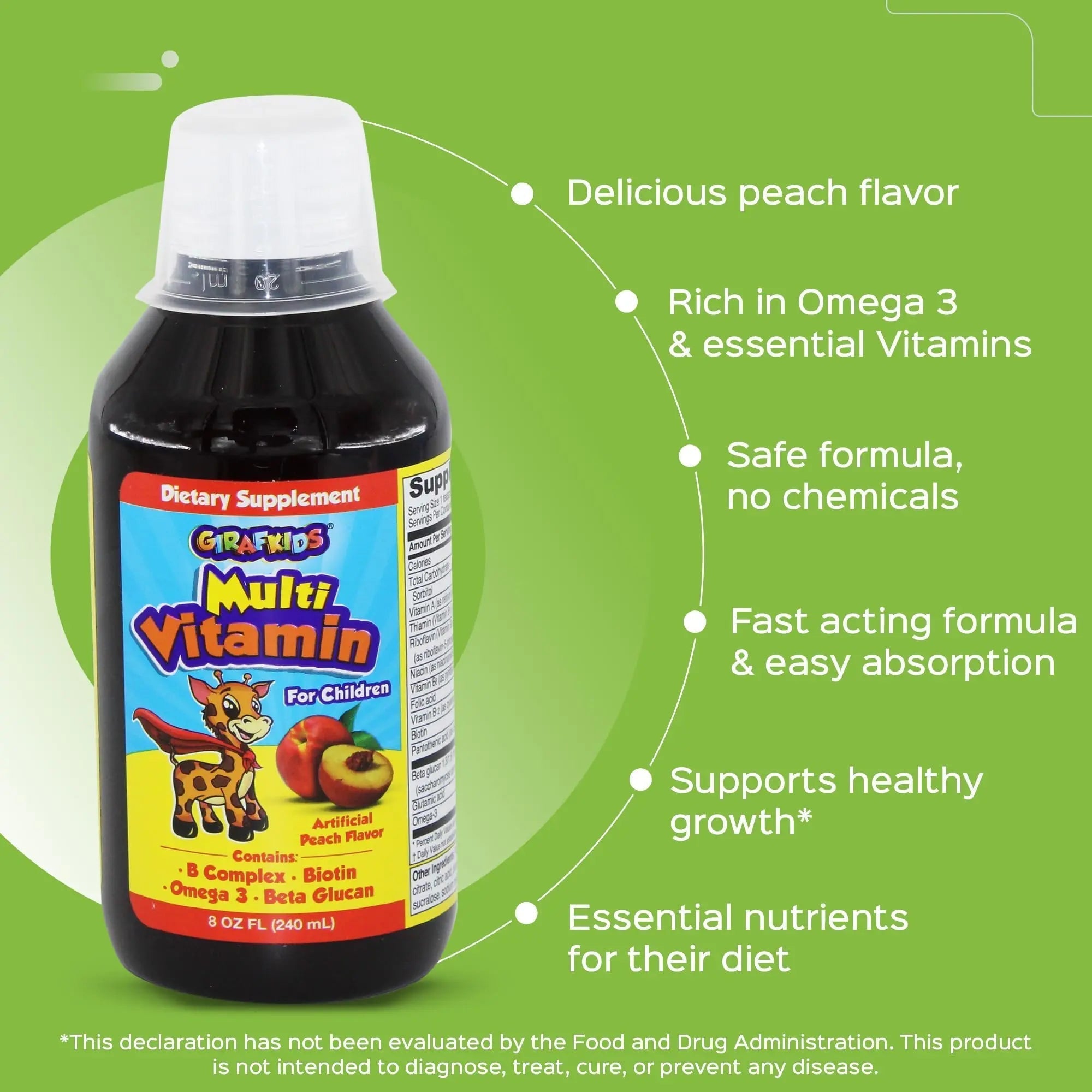 GirafKids Multivitamin Syrup + Liquid Vitamin C Bundle for Kids Ages 4+ | Omega-3, Beta Glucan, Folic Acid & Antioxidant Support | Peach & Orange Flavors PHARMADELAu supplements
