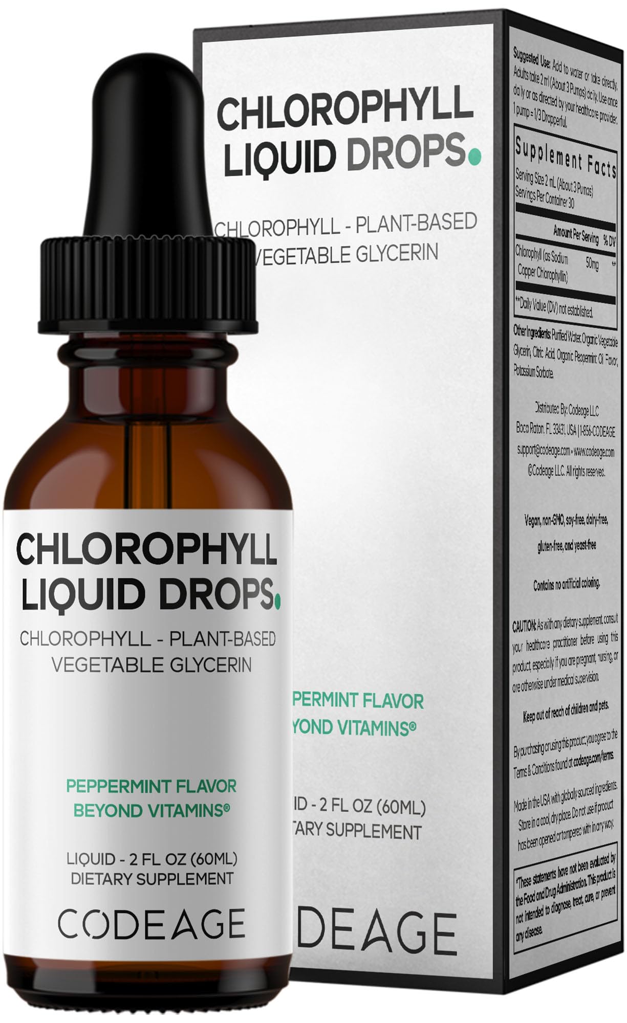 Codeage Chlorophyll Liquid Drops Supplement - Vegan Chlorophyll 50 mg per Serving, Organic Peppermint Flavor Clorofila Drink - Non-GMO, Gluten-Free, Vegan - 2 fl oz CodeageAu supplements