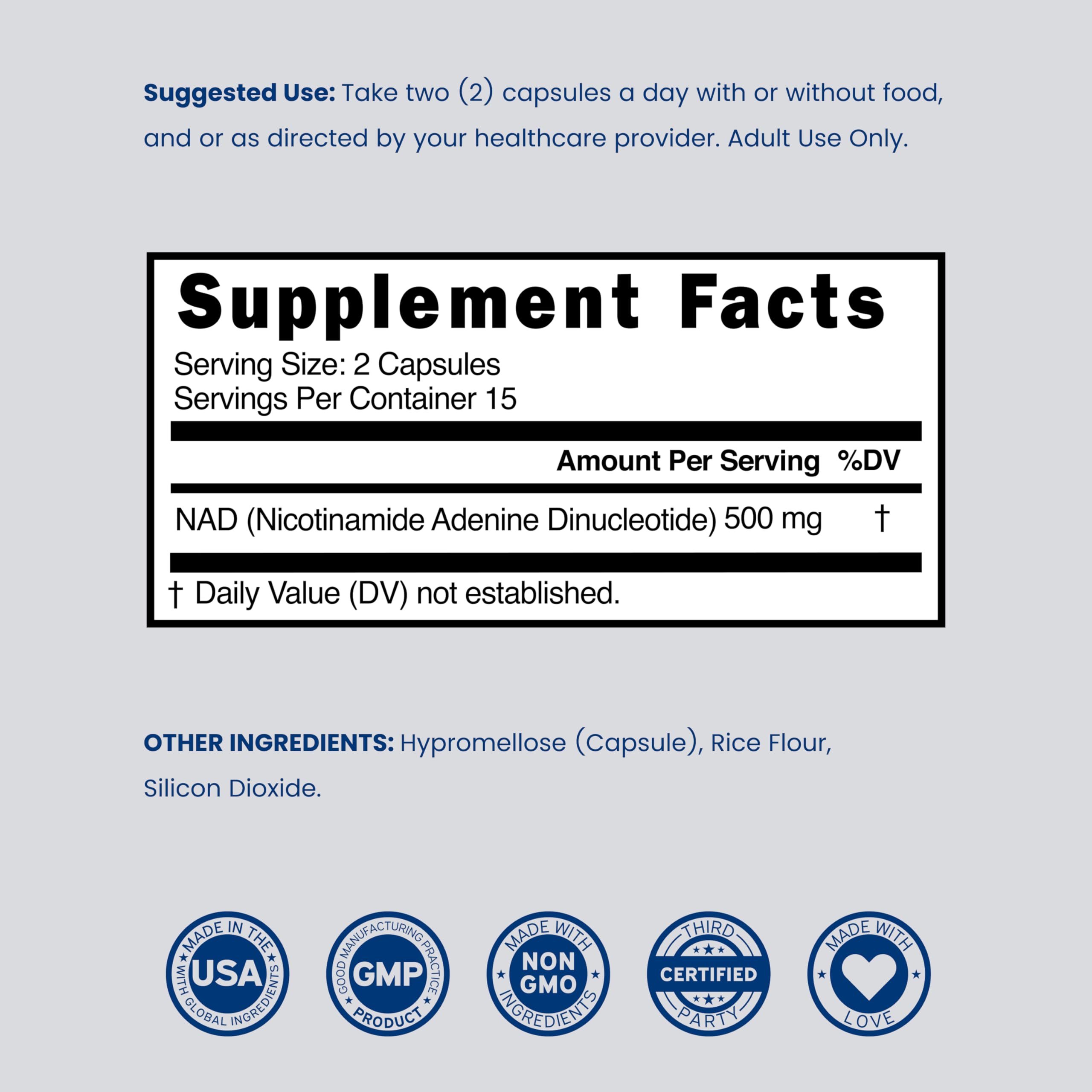 NAD Supplement (500mg of 95% Pure NAD+ Per Serving) NMN Supplement, NAD Nicotinamide Riboside Support (Third Party Tested, Vegan Safe, Non-GMO, No Fillers, & Made in the USA - 30 Vegan Capsules) DORADO NUTRITIONAu supplements