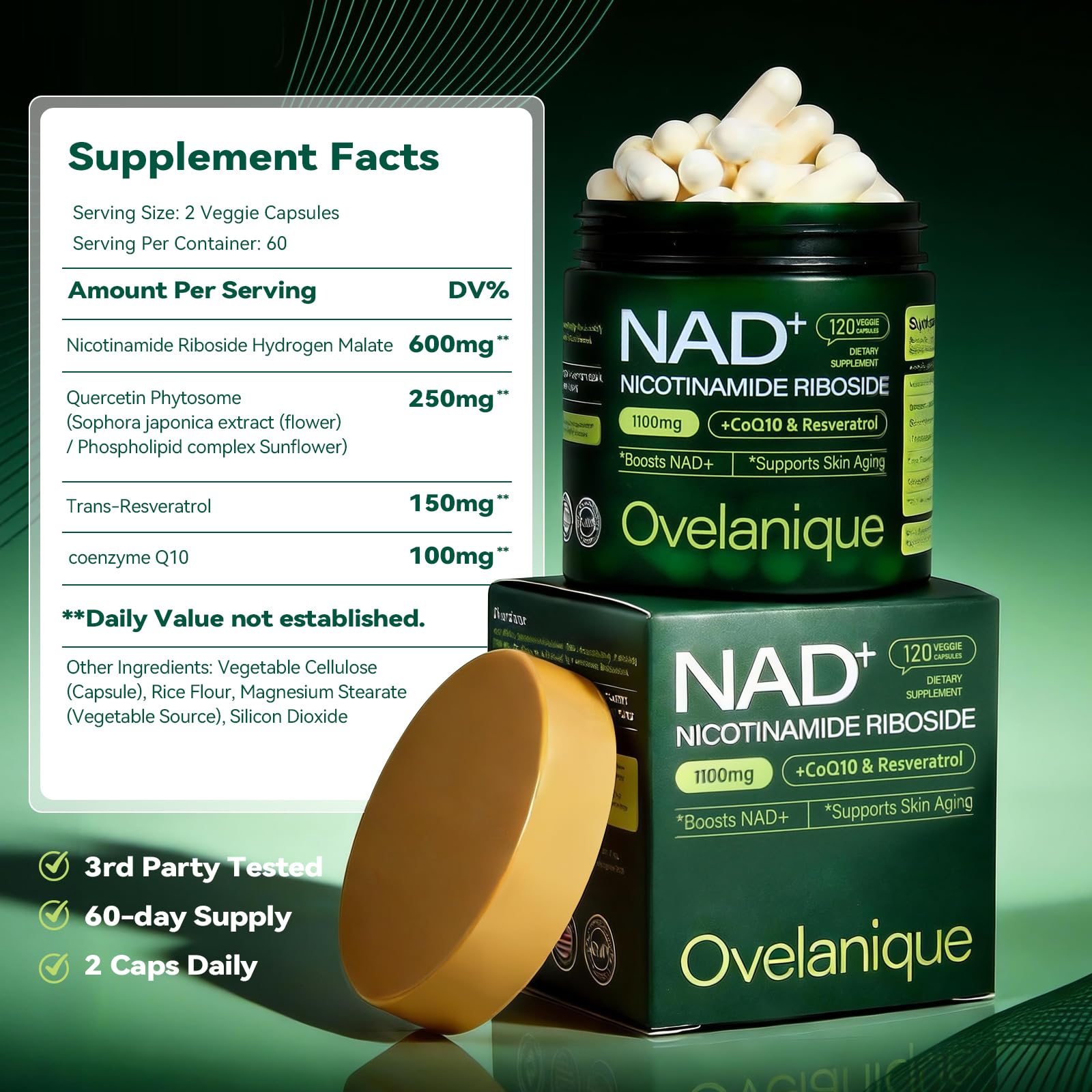 Ovelanique NAD Supplement with Nicotinamide Riboside & Resveratrol |NMNH Supplement Alternative| NAD+ Complex with Quercetin Phytosome & CoQ10 | Liposomal Delivery,120 Capsules(Packaging May Vary) OvelaniqueAu supplements