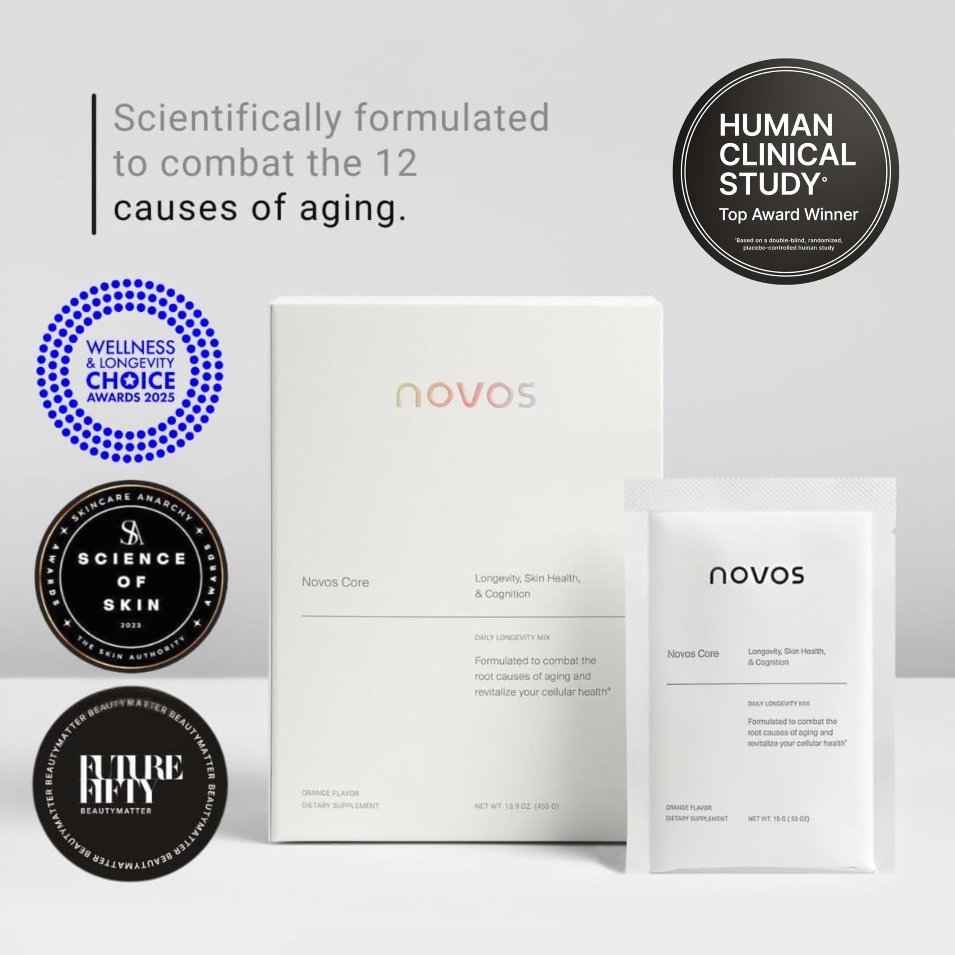 Novos Core Clinical Longevity Mix | Anti-Aging Supplement Drink Mix for Men & Women | Magnesium, L-Theanine, Fisetin and More | Supports Energy, Mood, Sleep & Cognition | Orange Flavor (30 Servings) NovosAu supplements