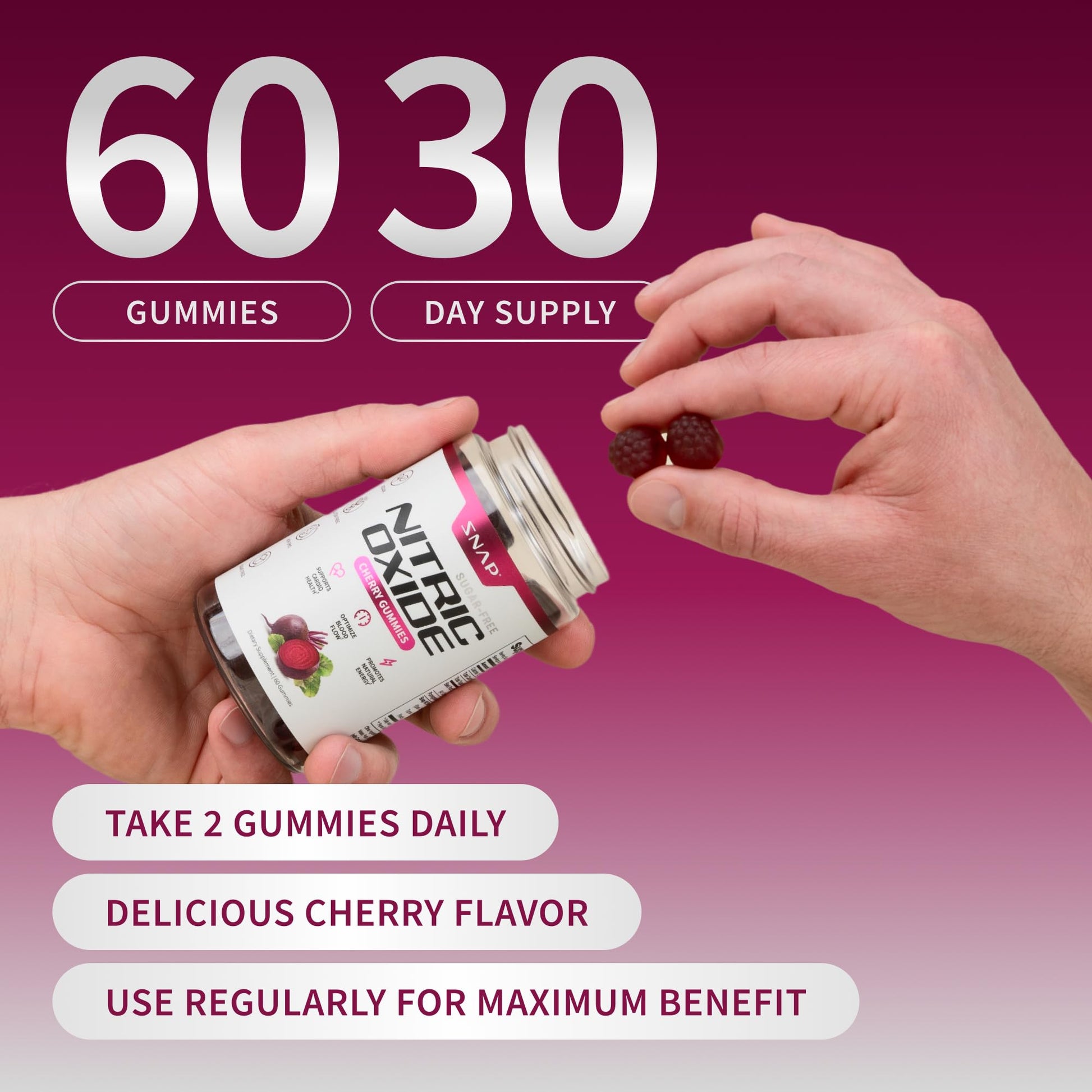 Snap Supplements Nitric Oxide Gummies - Beet Root Extract 300mg, Sugar Free Beetroot Supplement with Pomegranate Powder for Circulation & Natural Energy, 60 Vegan Gummies, Cherry Flavor Snap SupplementsAu supplements