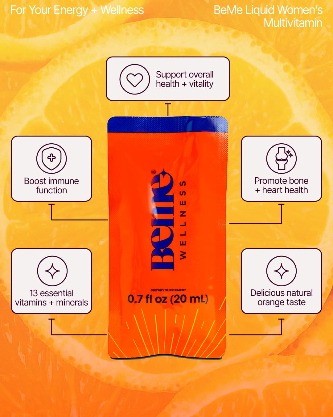 BeMe Liquid Multivitamins for Women - Advanced Liquid Delivery System with 13 Vitamins & Minerals - Tear & Go Sachets, Non-GMO, Orange Flavor (15 Sachets) BeMeAu supplements