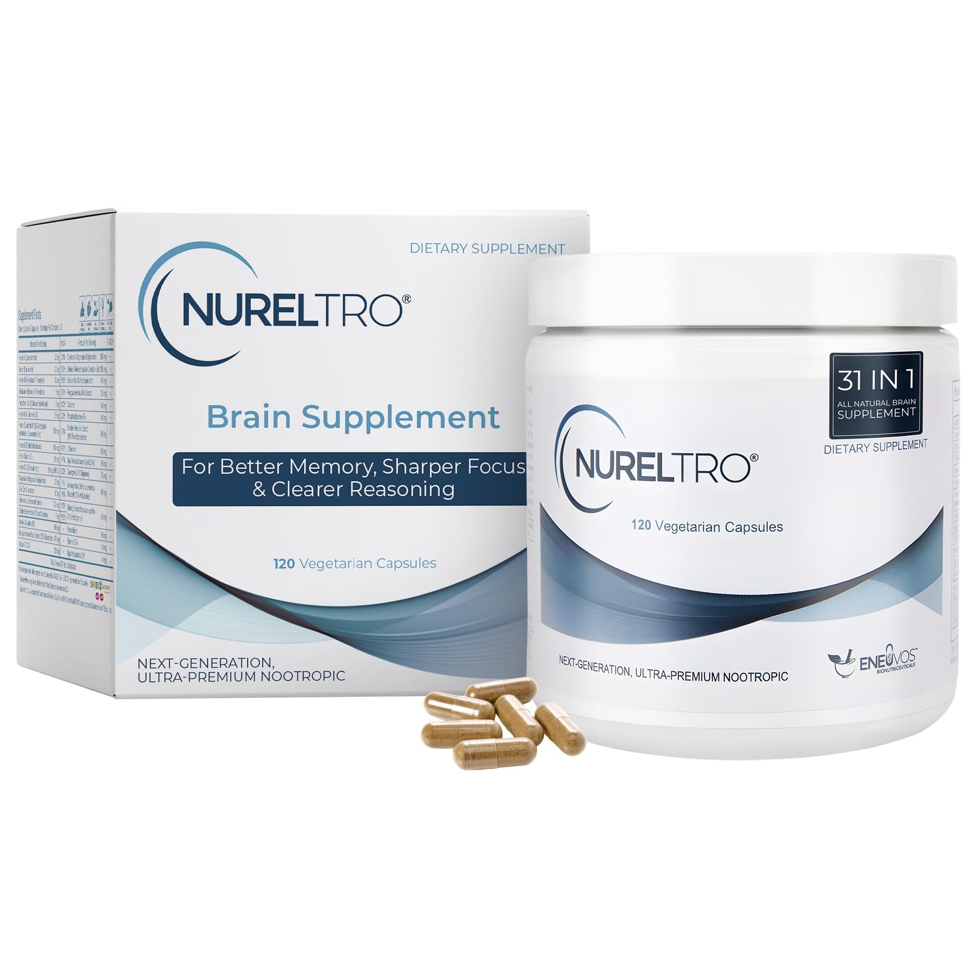 Nureltro All-in-One Nootropic Brain Supplement for Adults and Seniors w/Shoden® Ashwagandha | Supports Memory, Focus, Mood, Mental Clarity, and Brain Health - Caffeine-Free (120 Capsules) NureltroAu supplements