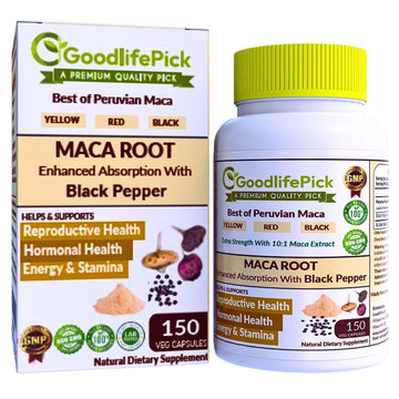 Peruvian Maca Root Capsules 150 ct. Powerful Maca Blend of Yellow Red & Black Maca Root with Black Pepper. All Natural NonGMO Vegan No Stearate No Rice Powder No Silica No Filler GoodlifePickAu supplements