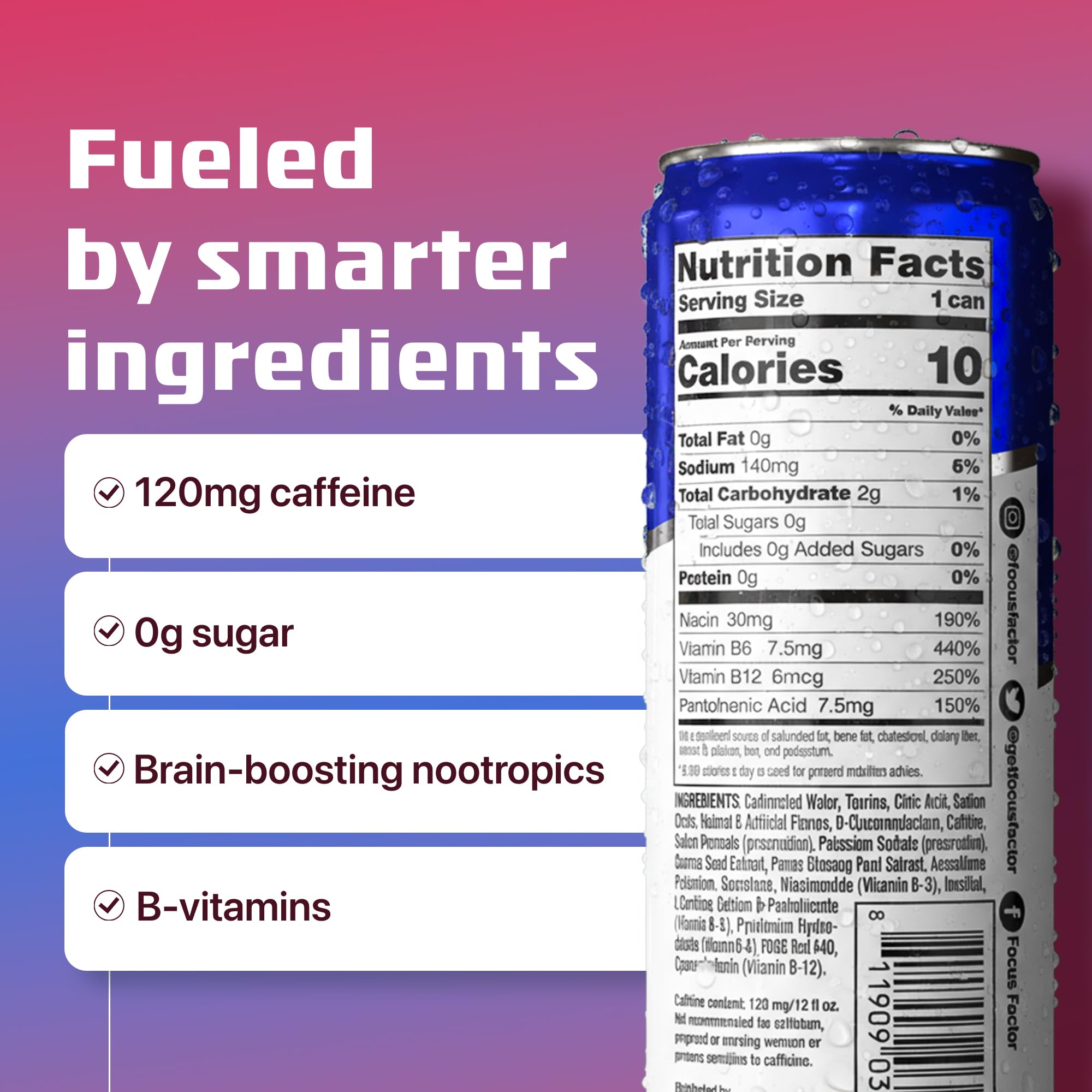 Focus Factor Energy Drink - 12 x 355ml Cans (Berry Flavour) - with Focus + Energy - Lightly Carbonated, Sugar Free, Low Calorie with Vitamin B6 & Vitamin B12 Focus FactorAu supplements