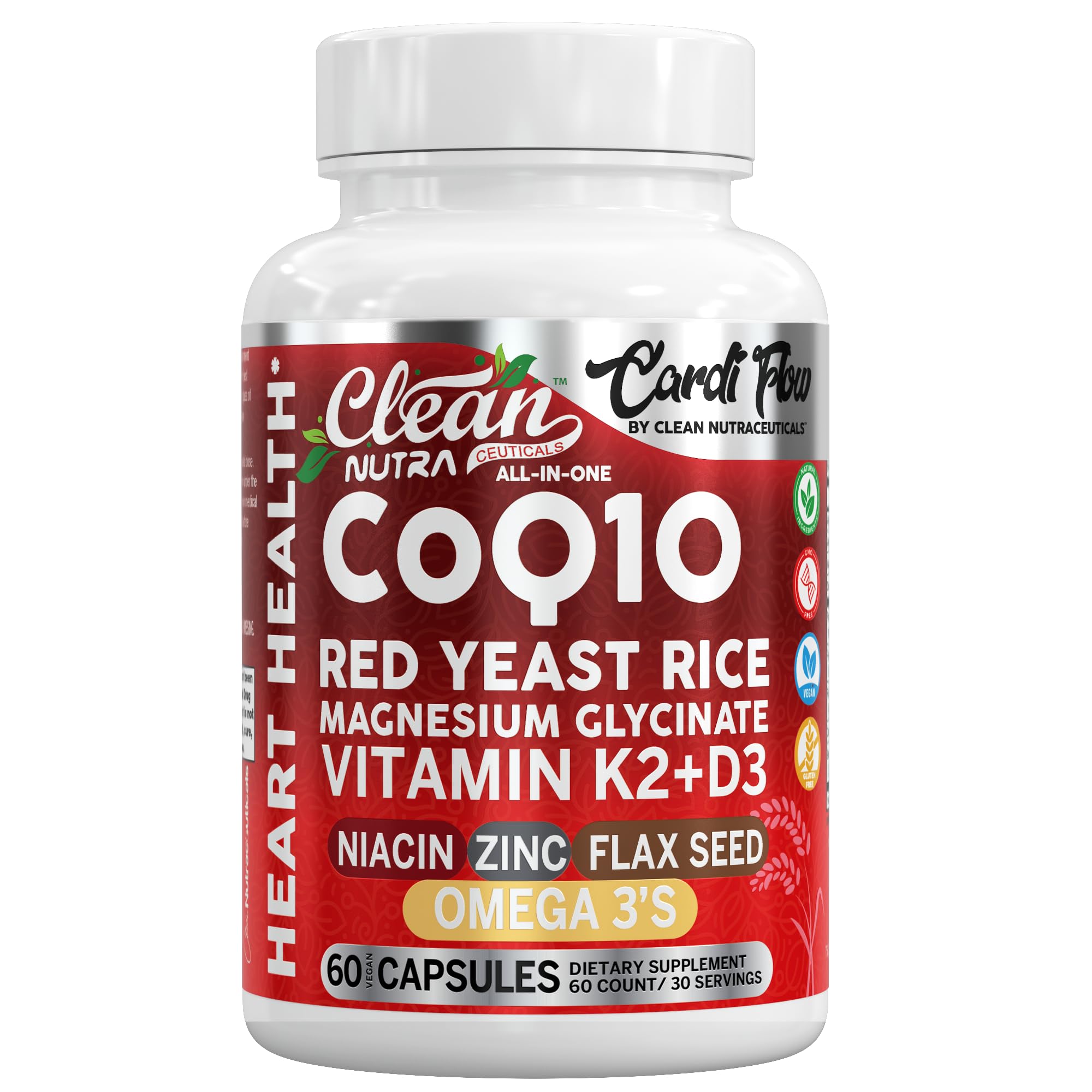 Clean Nutra CoQ10 Red Yeast Rice Magnesium Glycinate Vitamin K2 D3 Niacin Zinc Flax Seed Omega 3 Capsules 60 Count All in One Formula Premium Ingredients Dietary Supplement Clean NutraceuticalsAu supplements