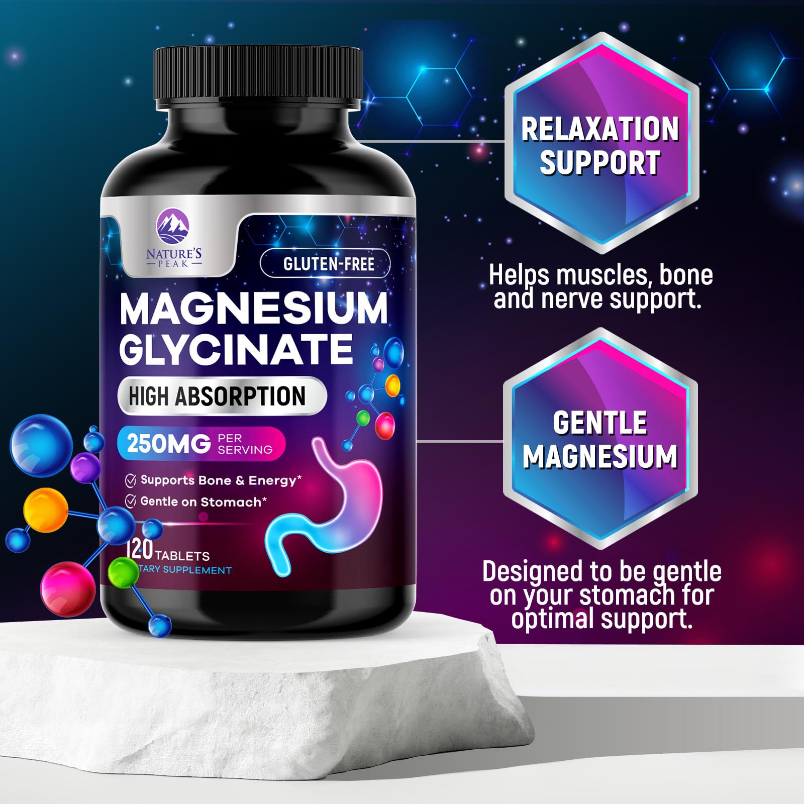 Magnesium Glycinate Supplement 250mg - 100% Chelated & Purified - to Support Sleep, Heart Health, Muscles, & Bone Strength - Best Absorption Magnesium Glycinate Capsules, Bottled in USA - 120 Tablets Nature's PeakAu supplements
