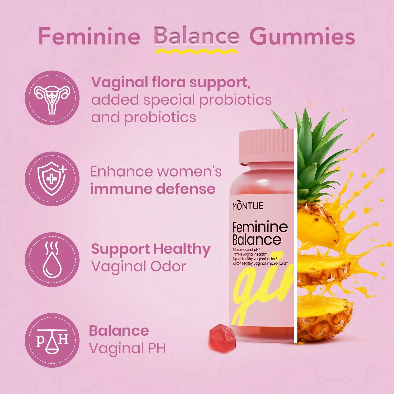 Montue Premium Diamond Feminine Balance Gummies-pH Balance with Prebiotics & Lactobacillus Probiotic Blend&Hawaiian Pineapple Immune Support,Vegan& Non-GMO（30 Gummies） MontueAu supplements