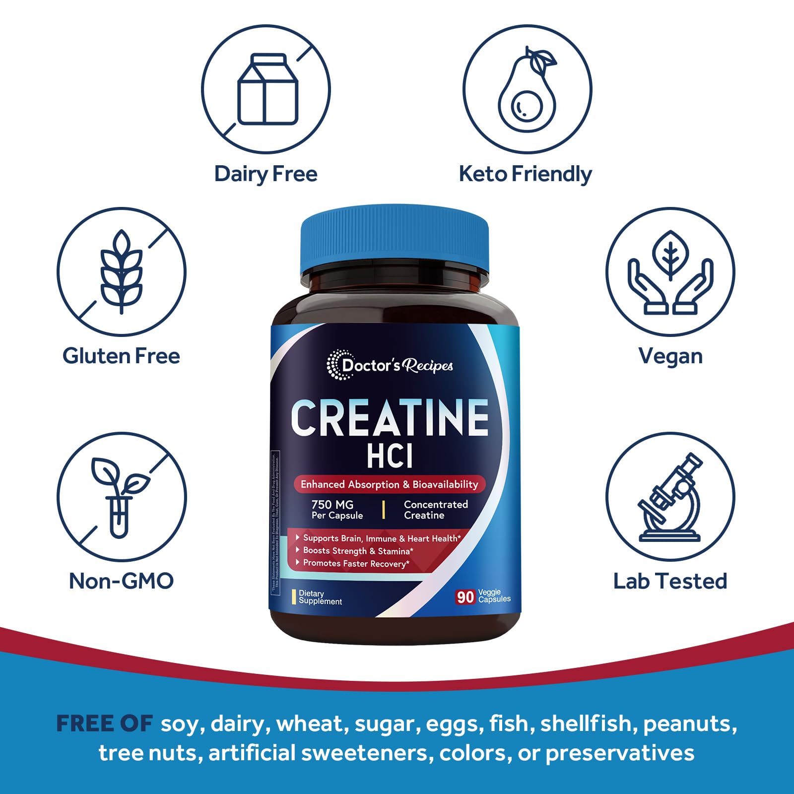 Doctor's Recipes Creatine HCl Capsules, 750 mg, Creatine Hydrochloride for Women & Men, Strength & Recovery, Brain Health, Fast Absorbing, Vegan, 90 Capsules Doctor's RecipesAu supplements