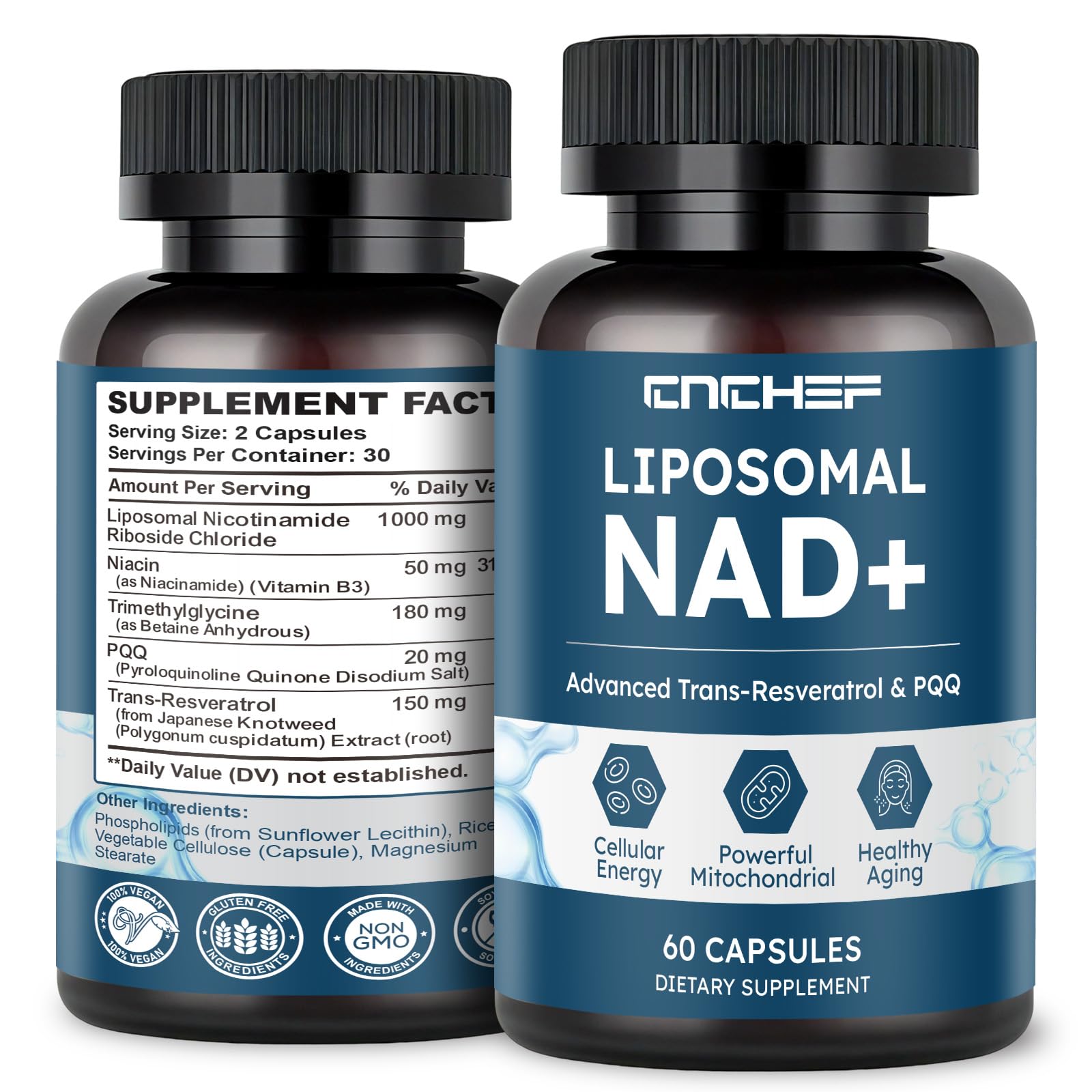CNCHEF Liposomal NAD Supplement -1000mg, NAD Resveratrol Supplement for Women & Men with Nicotinamide Riboside, Resveratrol, PQQ & TMG, NAD Plus Boosts NAD+ Levels, Anti-Aging & Brain, 60 Capsules CNCHEFAu supplements