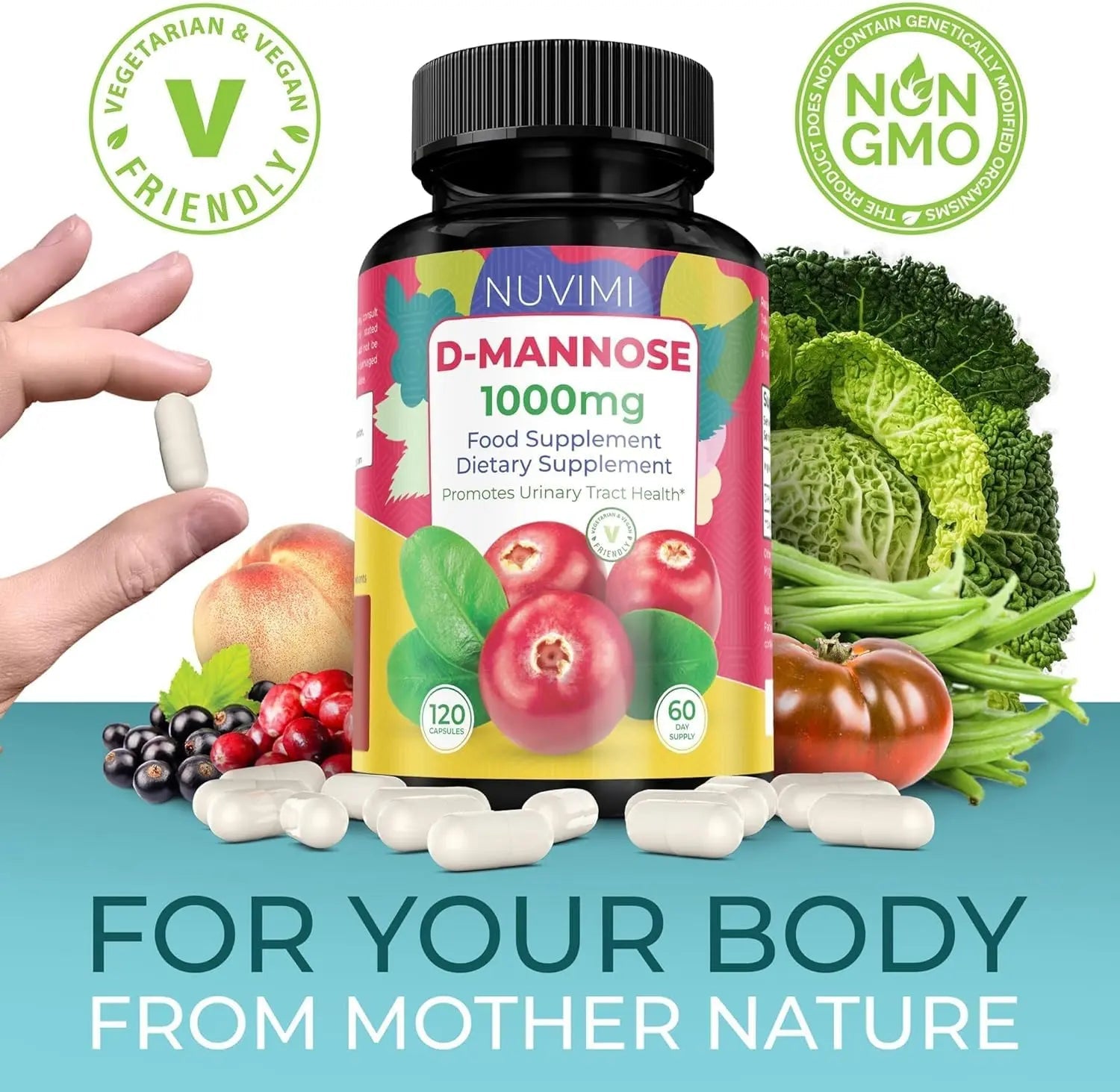 NUVIMI D Mannose 120 Capsules - 1000 mg per Dose - Dietary Supplement Helps Promote Urinary Tract Health - Natural Vegan UTI Defense NUVIMIAu supplements