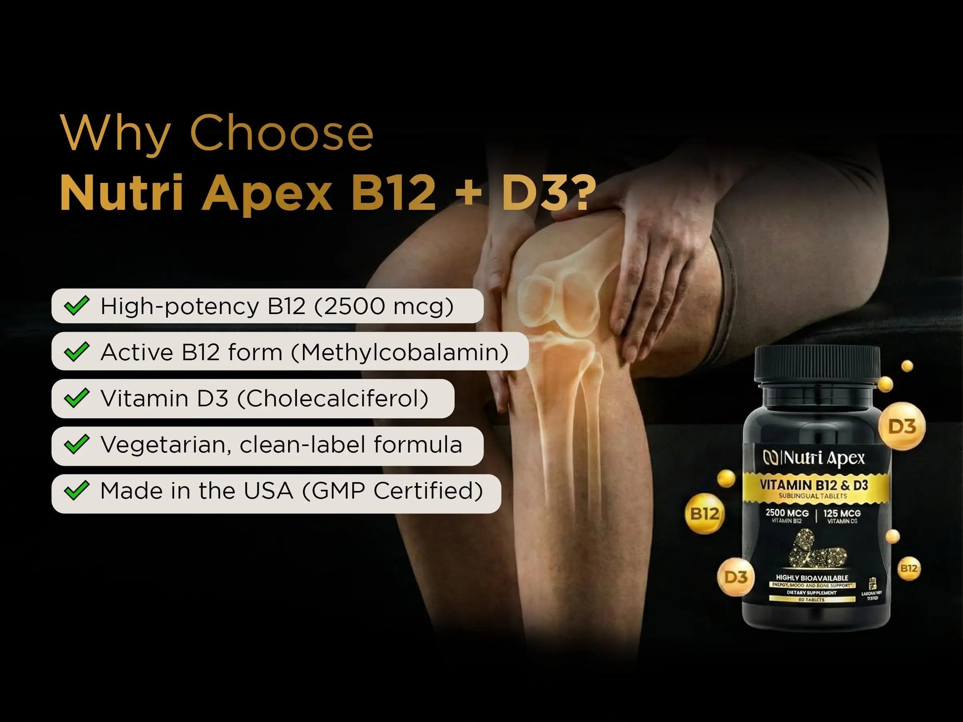 Nutri Apex Vitamin B12 & D3 Sublingual Tablets - 2500 mcg B12 & 125 mcg (5000 IU) D3 - Highly Bioavailable for Energy, Mood & Bone Health - Lab-Tested Nutri ApexAu supplements