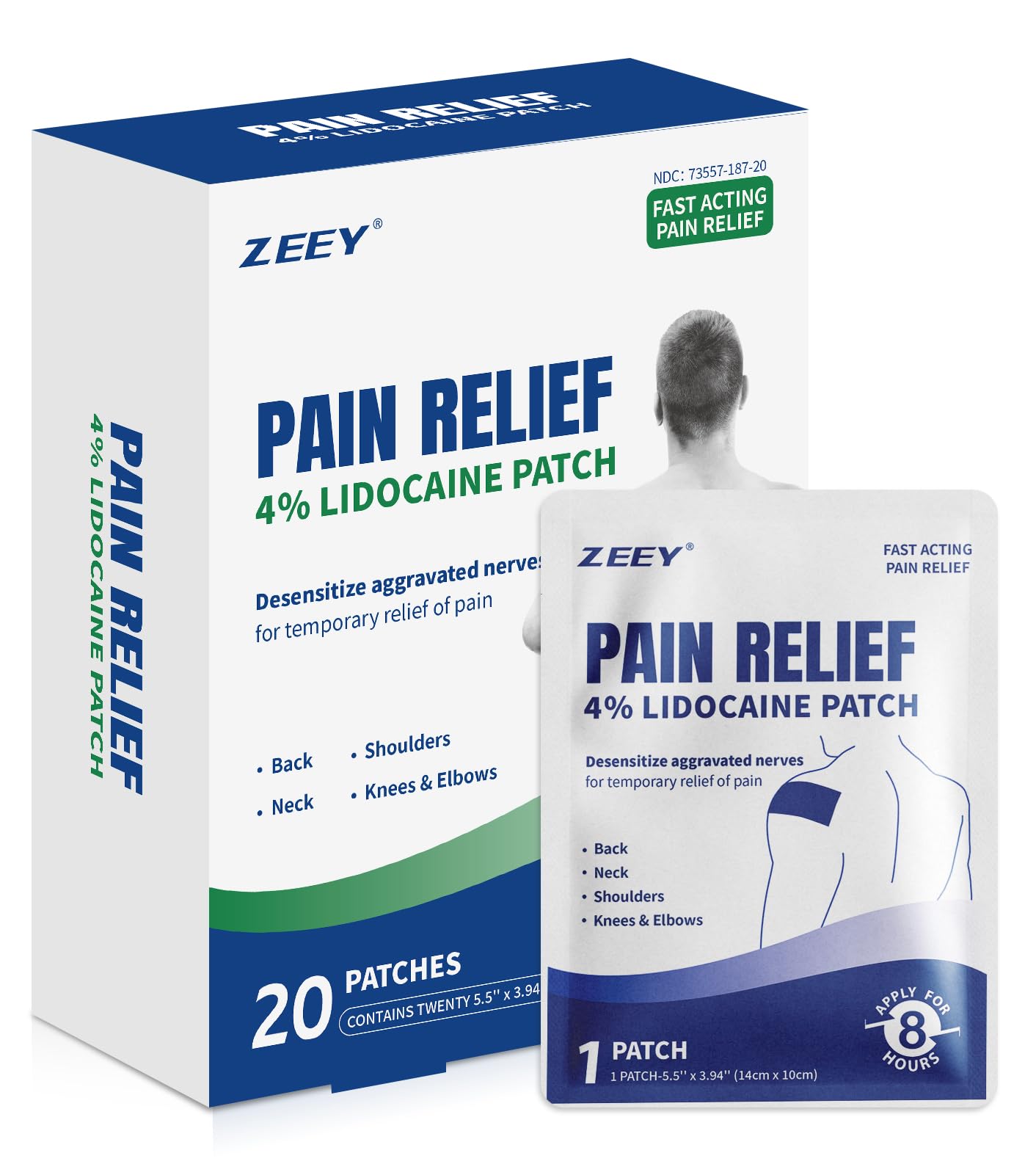 ZEEY 4% Lidocaine Pain Relief Patches, Maximum Strength OTC, for Back, Knee, Neck, Shoulders, Joints, Muscle Soreness, Fast Acting, Topical Anesthetic, Large Gel Patch, 5.5" x 3.94", 20Ct ZEEYAu supplements
