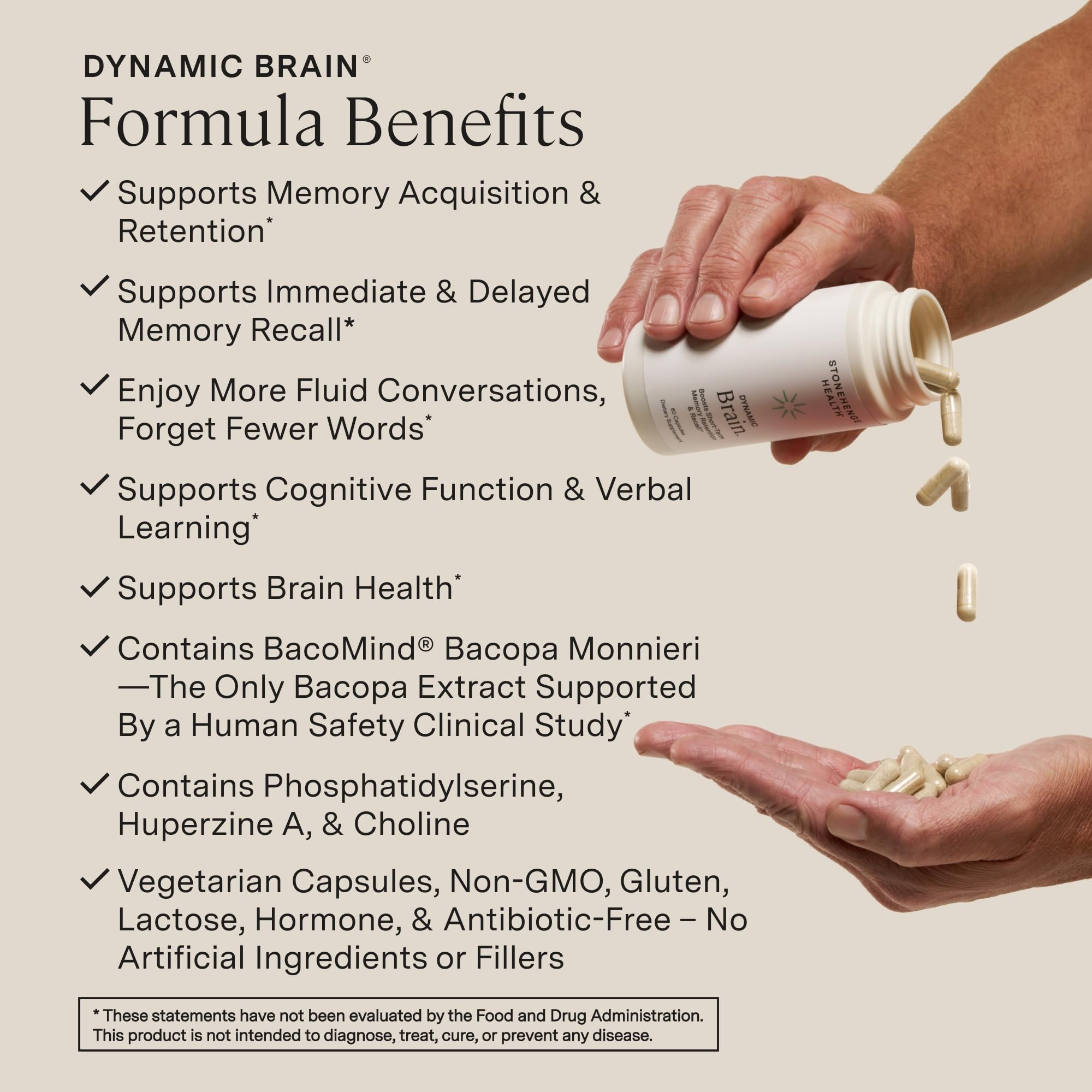 Stonehenge Health Dynamic Brain – BacoMind® Bacopa Nootropic Formula – Memory, Recall & Retention, Phosphatidylserine, Huperzine A, DHA & Choline – 40 Brain-Boosting Ingredients – Non-GMO, 60 Caps Stonehenge HealthAu supplements