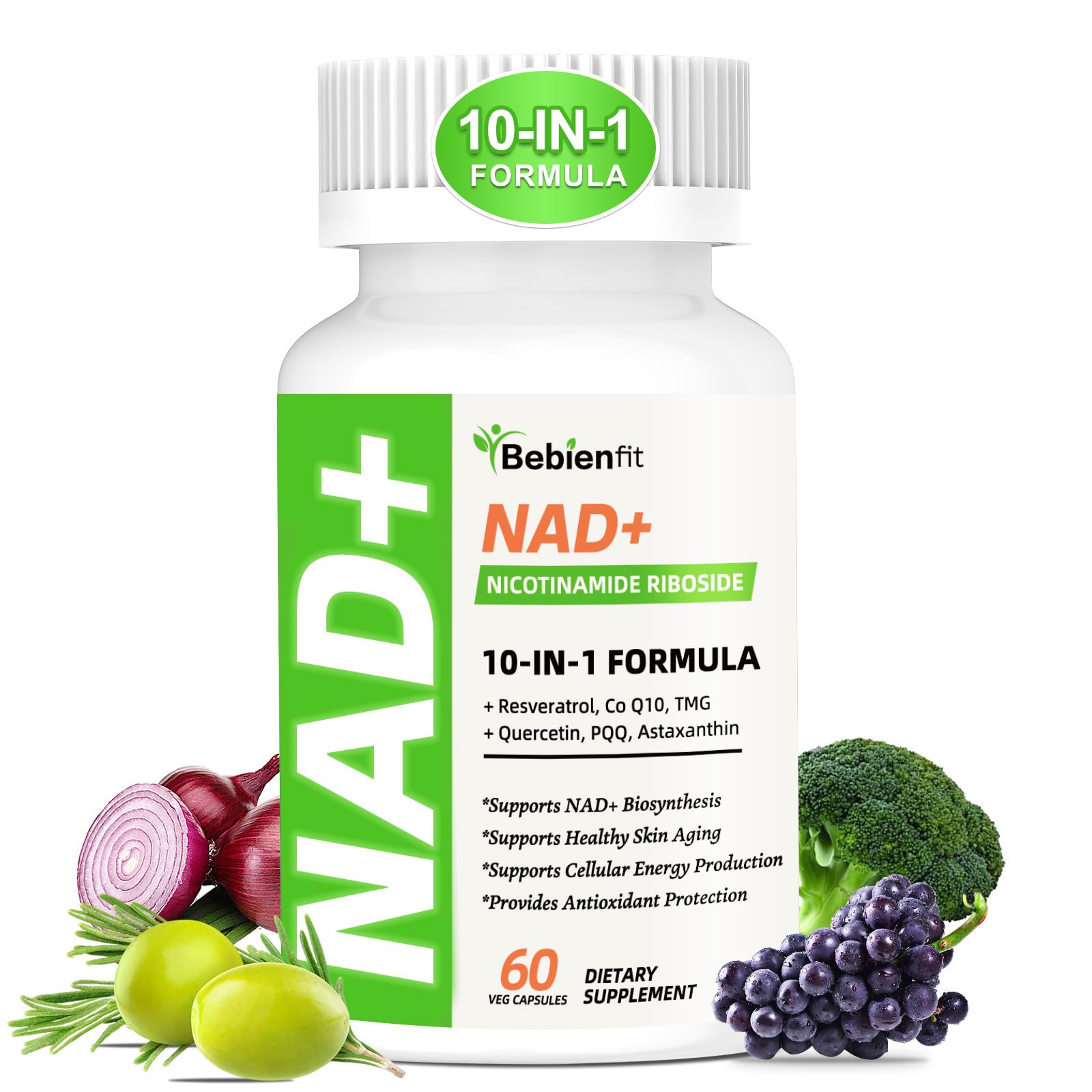 Nad Supplement for Healthy Aging | Energy| Antioxidant| Skin Health| Focus ,10-in-1 Formula with NR,Trans-Resveratrol,CoQ10,Astaxanthin,PQQ,TMG,Quercetin,Olive Fruit Nad+ for Women Men,60 Vegan Caps Bebien fitAu supplements