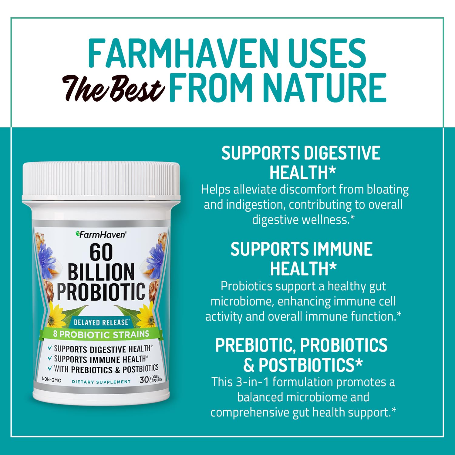 FarmHaven 60 Billion CFU Probiotic - 8 Probiotic Strains - Prebiotics & Postbiotics - Supports Digestive & Immune Health - Delayed Release - Shelf Stable - Non-GMO, Gluten Free - 30 Caps FarmHavenAu supplements