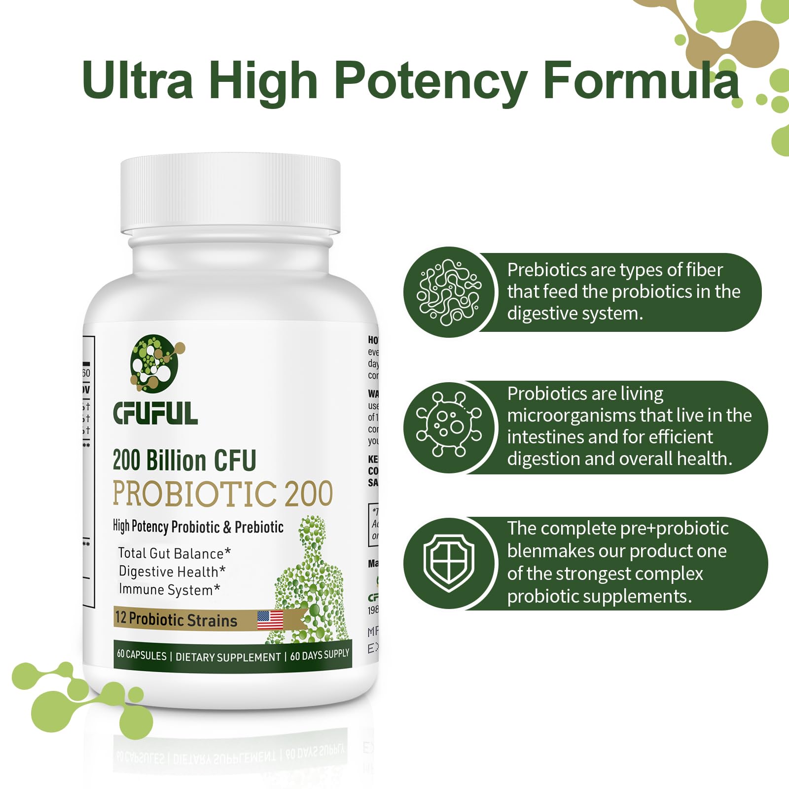 Probiotics for Women & Men, 200 Billion CFU 12 Strains with 3 Organic Prebiotics and Probiotics for Digestive Health Gut, Immune, Bloating & Gas, Energy, Overall Health, Shelf Stable - 2 Month Supply CfufulAu supplements