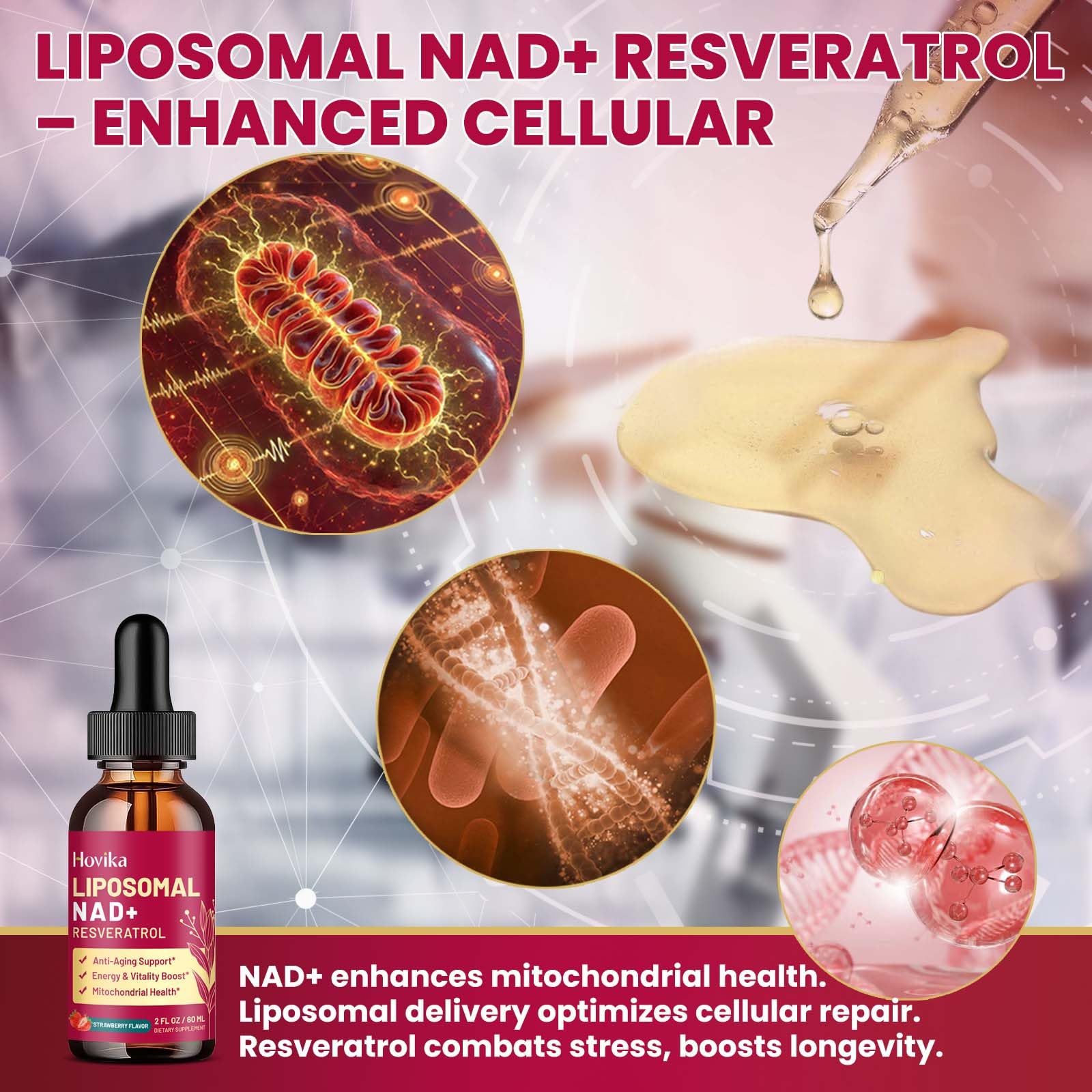 Liposomal NAD Supplement - 1200mg NAD+ Liquid Drops for Women & Men with Resveratrol, Black Pepper Extract - Support Anti-Aging, Brain & Cellular Mitochondrial Health - 2 Fl Oz, Strawberry Flavor HovikaAu supplements