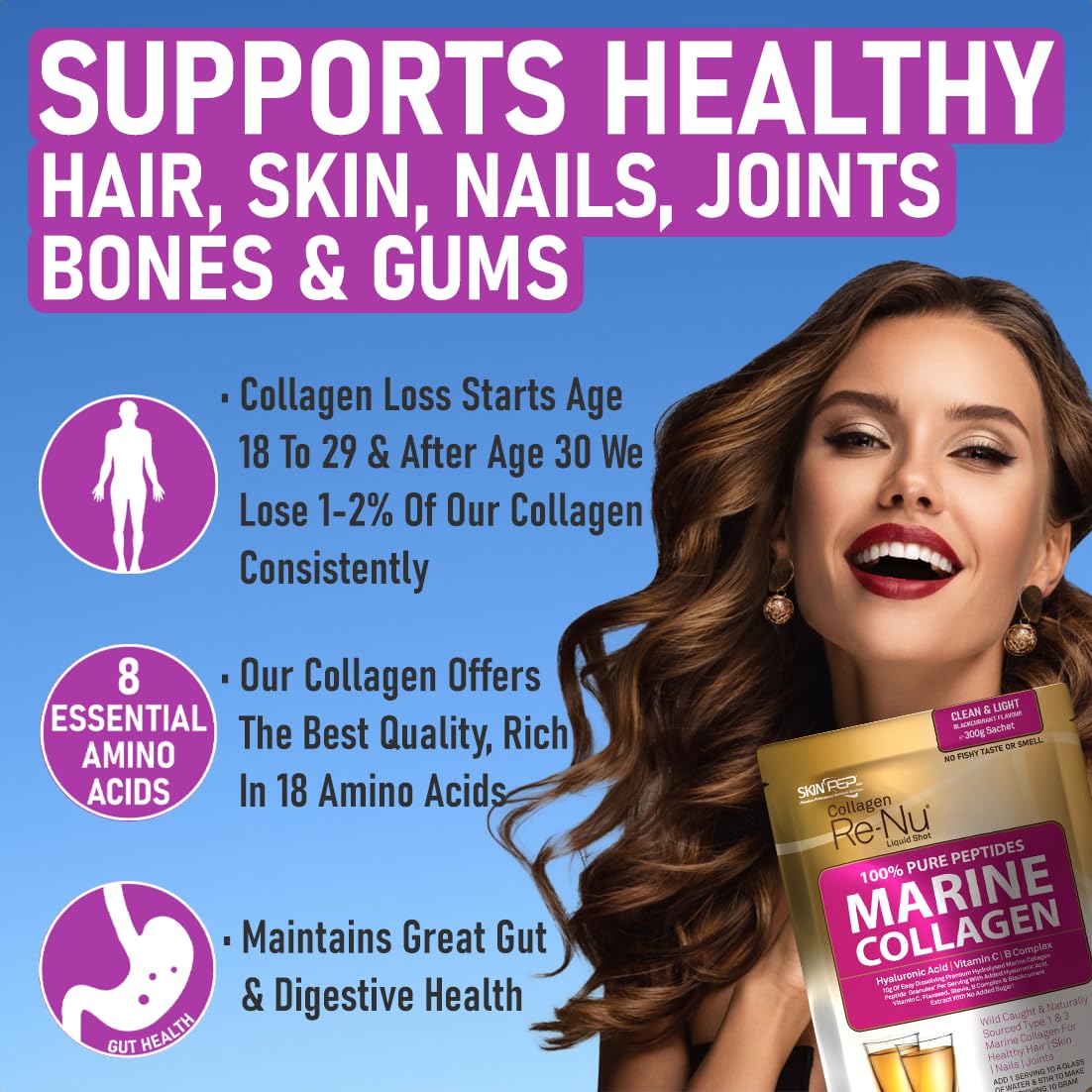 Premium Hydrolysed Marine Collagen Peptide Powder + VIT C, B Complex Hyaluronic Acid, & Stevia. Delicious Taste/No Fishy Smell - SkinPep® Collagen Re-Nu 300g - 30 Days Supply SkinPepAu supplements