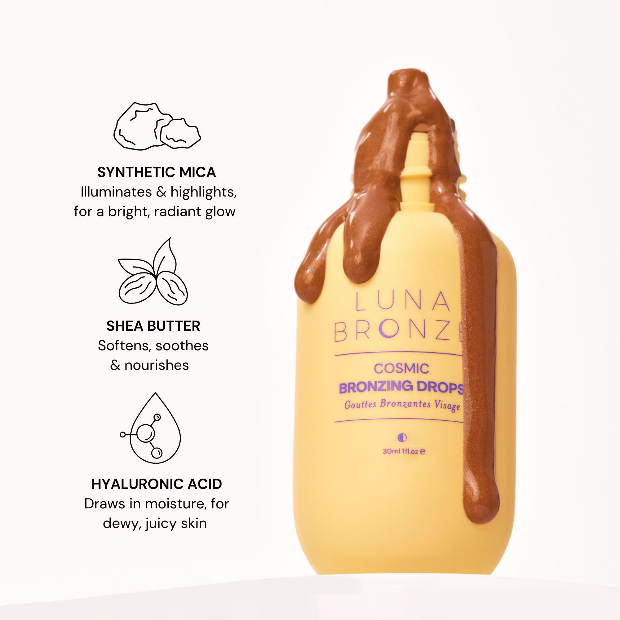 Luna Bronze Cosmic Bronzing Drops | Lightweight, Hydrating & Washable Liquid Bronze Drops | Non-Greasy Formula Enriched with Sodium Hyaluronate & Shea Butter | Responsible Mica (30ml/1.01 fl. oz) Luna BronzeAu supplements