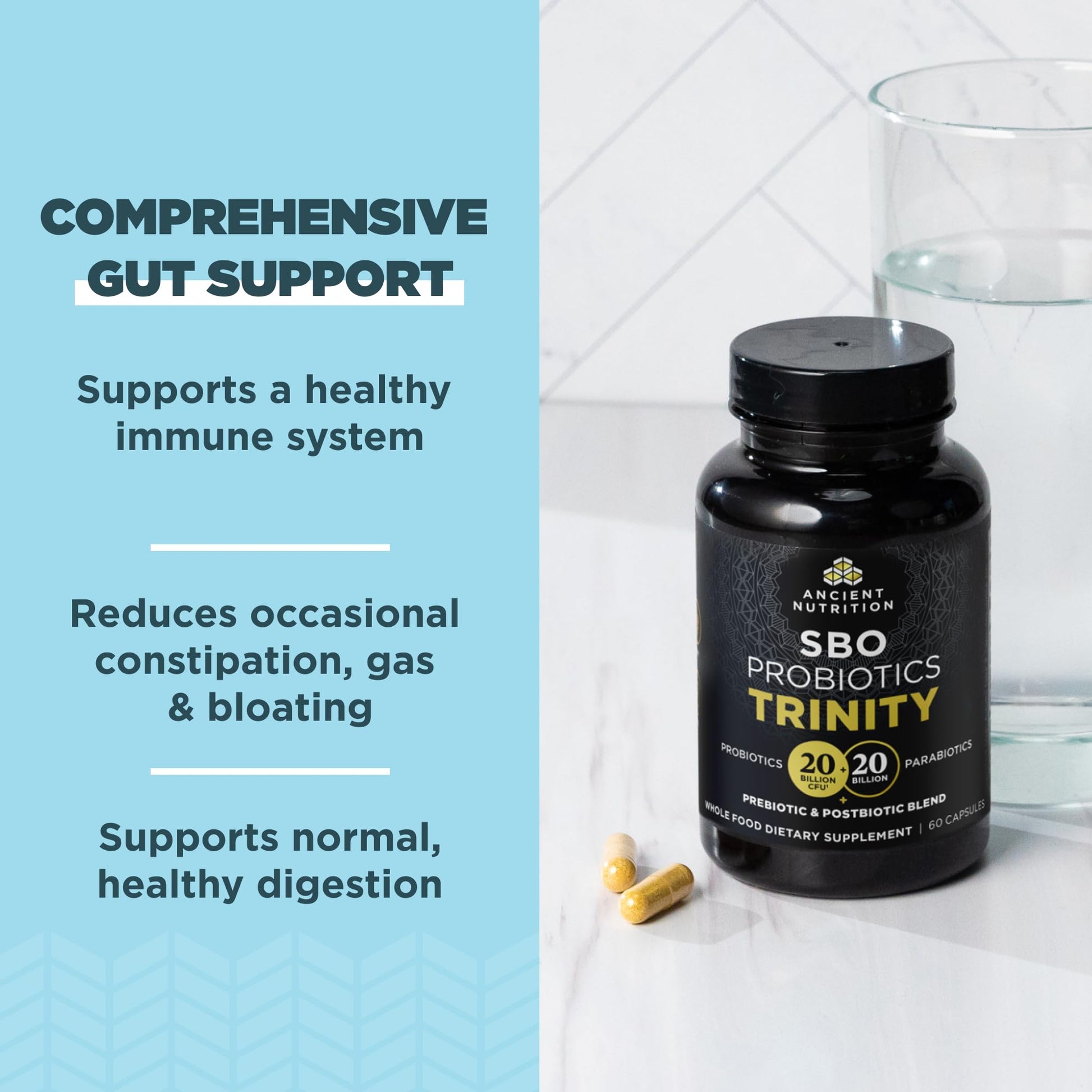 Ancient Nutrition SBO Probiotic Trinity Daily Care, Probiotics for Digestive Health, 40 Billion Blend of Prebiotics, Probiotics, Postbiotics, and Parabiotics Reduces Occasional Bloating, 60 Count Ancient NutritionAu supplements