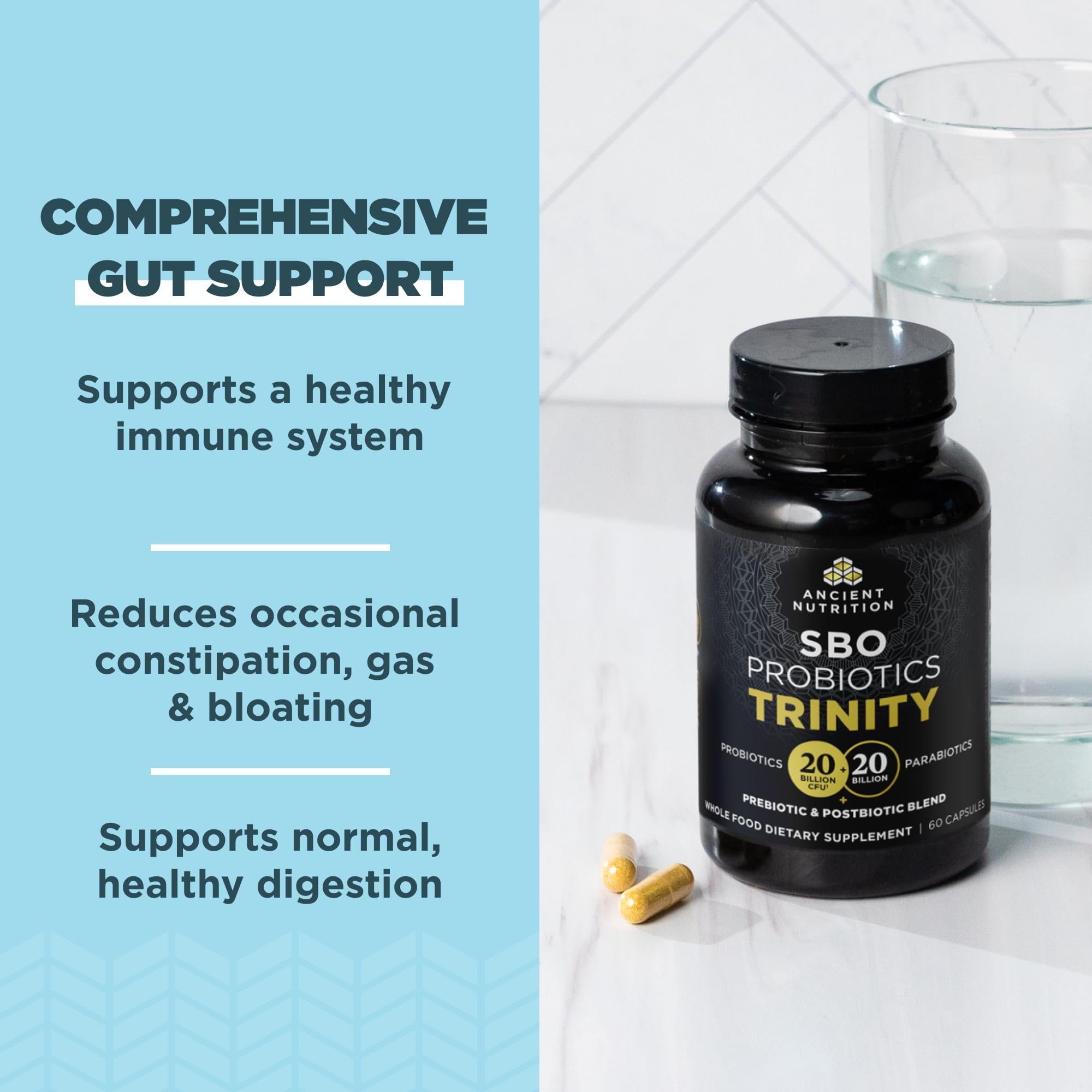 Ancient Nutrition SBO Probiotic Trinity Daily Care, Probiotics for Digestive Health, 40 Billion Blend of Prebiotics, Probiotics, Postbiotics, and Parabiotics Reduces Occasional Bloating, 60 Count Ancient NutritionAu supplements