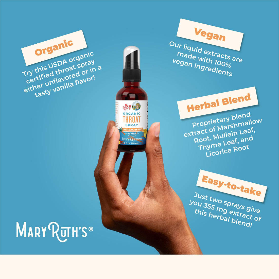MaryRuth Organics USDA Organic Throat Spray with Mullein Leaf | Marshmallow Root & Licorice Root & Thyme Leaf | Vanilla | 4 Herbal Blend | Non-GMO | Vegan | Gluten Free | 1 Fl Oz | Up to 100 Servings MARYRUTH'SUS supplements