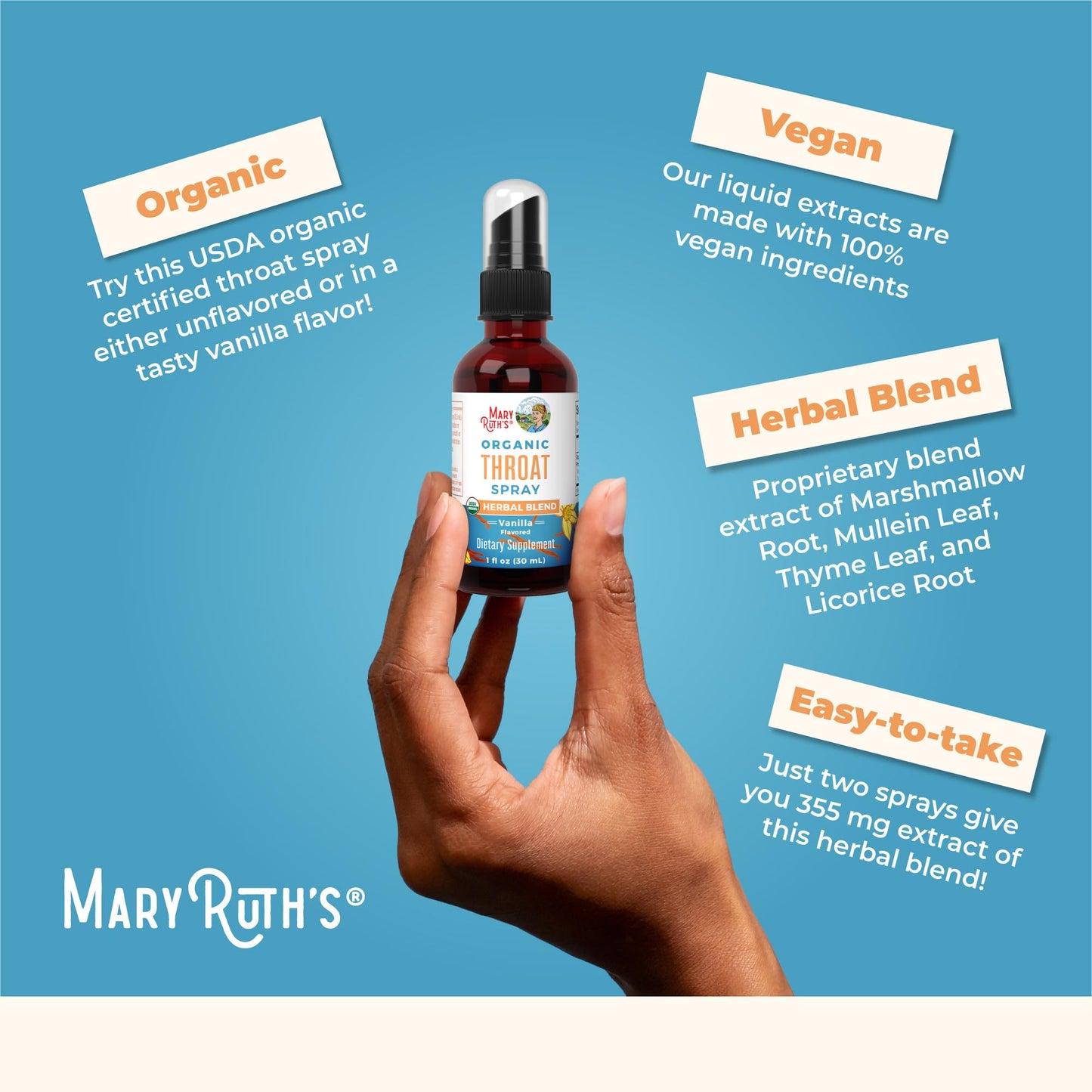 MaryRuth Organics USDA Organic Throat Spray with Mullein Leaf | Marshmallow Root & Licorice Root & Thyme Leaf | Vanilla | 4 Herbal Blend | Non-GMO | Vegan | Gluten Free | 1 Fl Oz | Up to 100 Servings MARYRUTH'SUS supplements