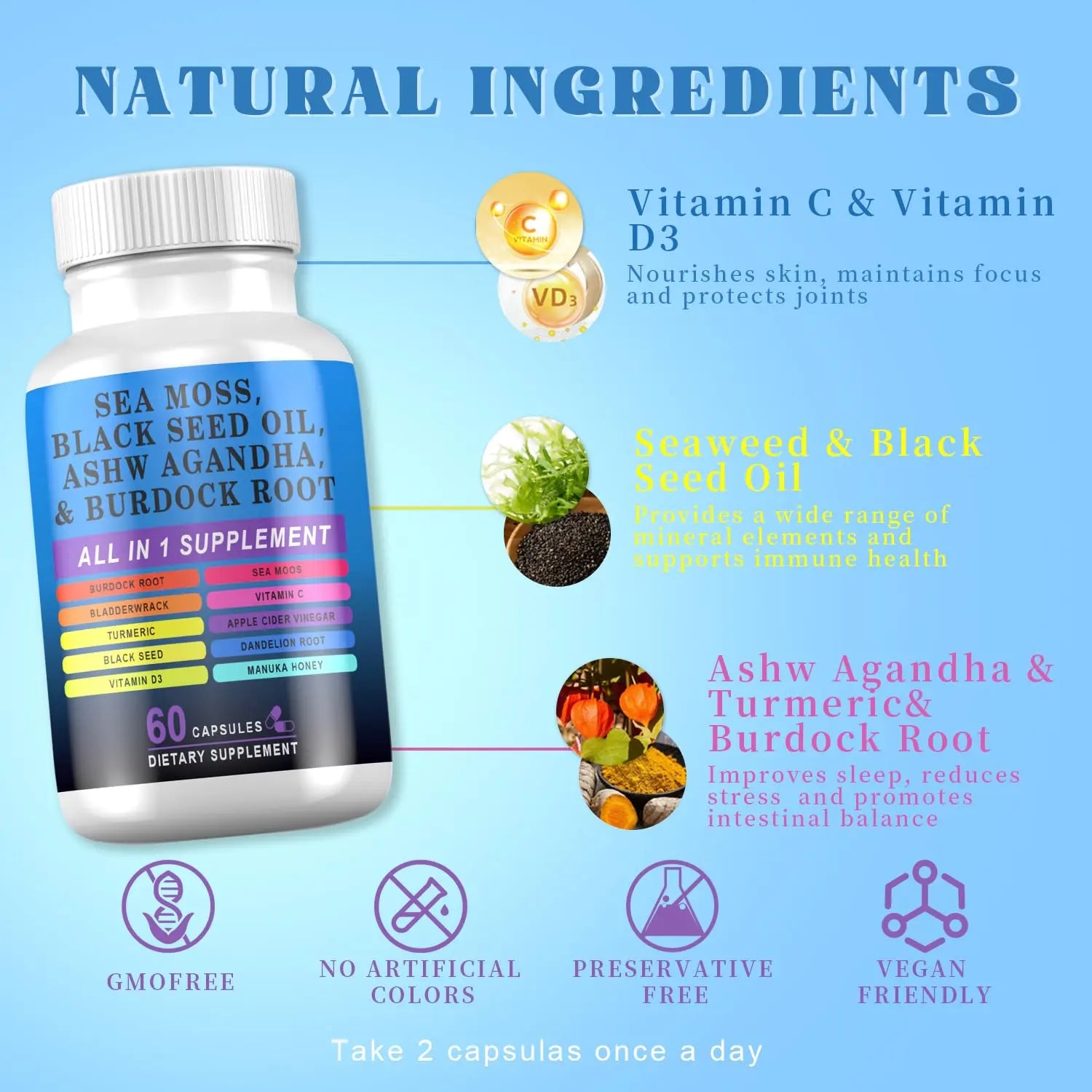 Pyzor Sea Moss Black Seed Oil Ashwagandha Turmeric Bladderwrack Burdock, Elderberry Manuka Dandelion, Burdock Root Turmeric Vitamin D3 Chlorophyll - 60 Capsules Pyzornz supplements
