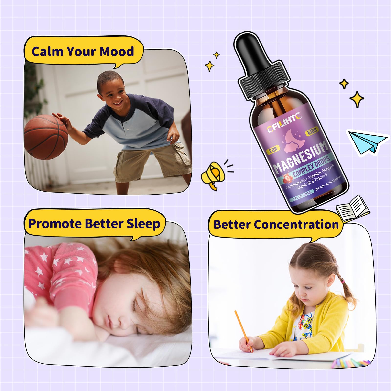 Kids Magnesium Liquid Drops-Magnesium Glycinate Liquid for Kids Supplement-w/L-theanine, Omega-3, Vitamin B6, D3 - for Sleep, Relaxation, Brain, Bones - 4 Fl Oz Children's Calm CFILIHTCAu supplements