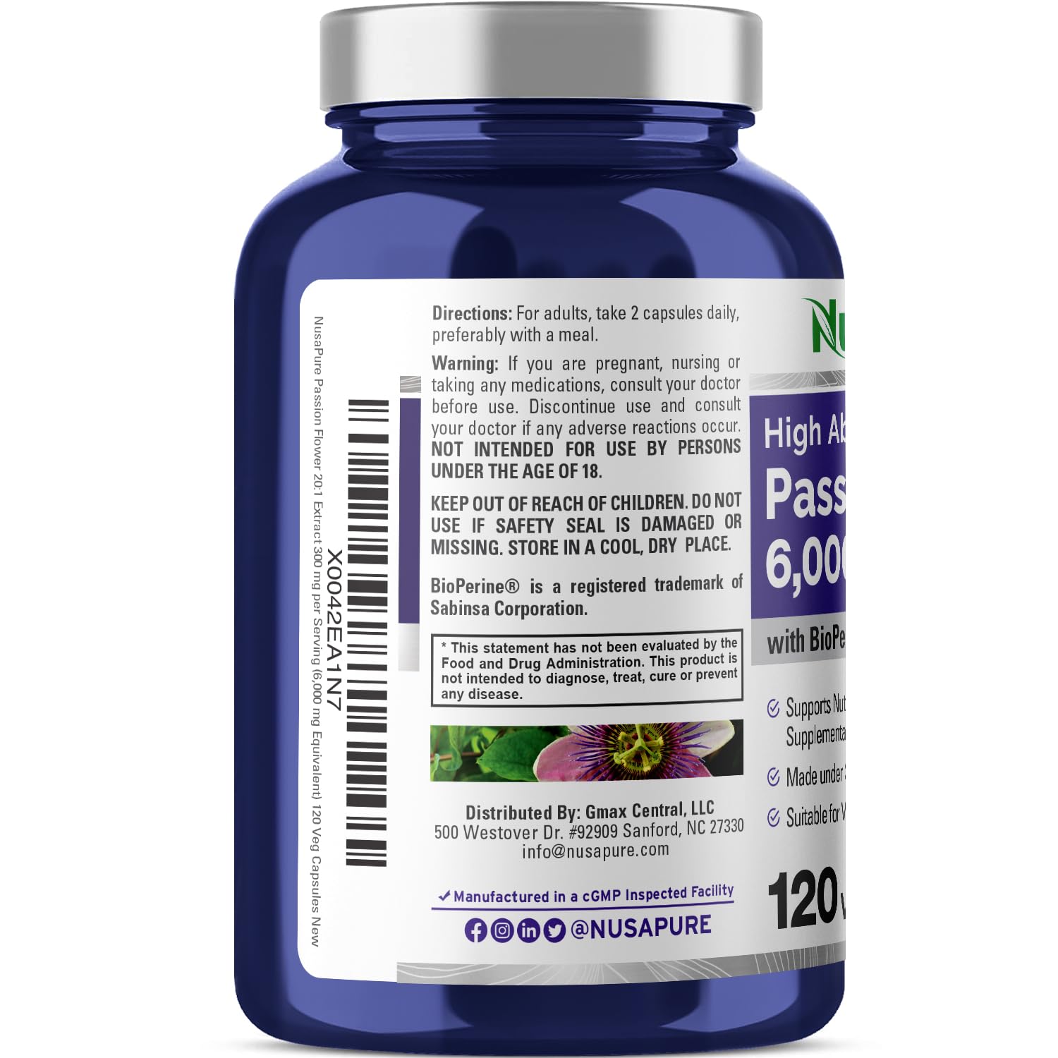 NusaPure Passion Flower 20:1 Extract, 300 mg Equivalent to 6,000mg, 120 Veggie Caps, Non-GMO, Bioperine, & Vegan Extract Supplement NusaPureAu supplements