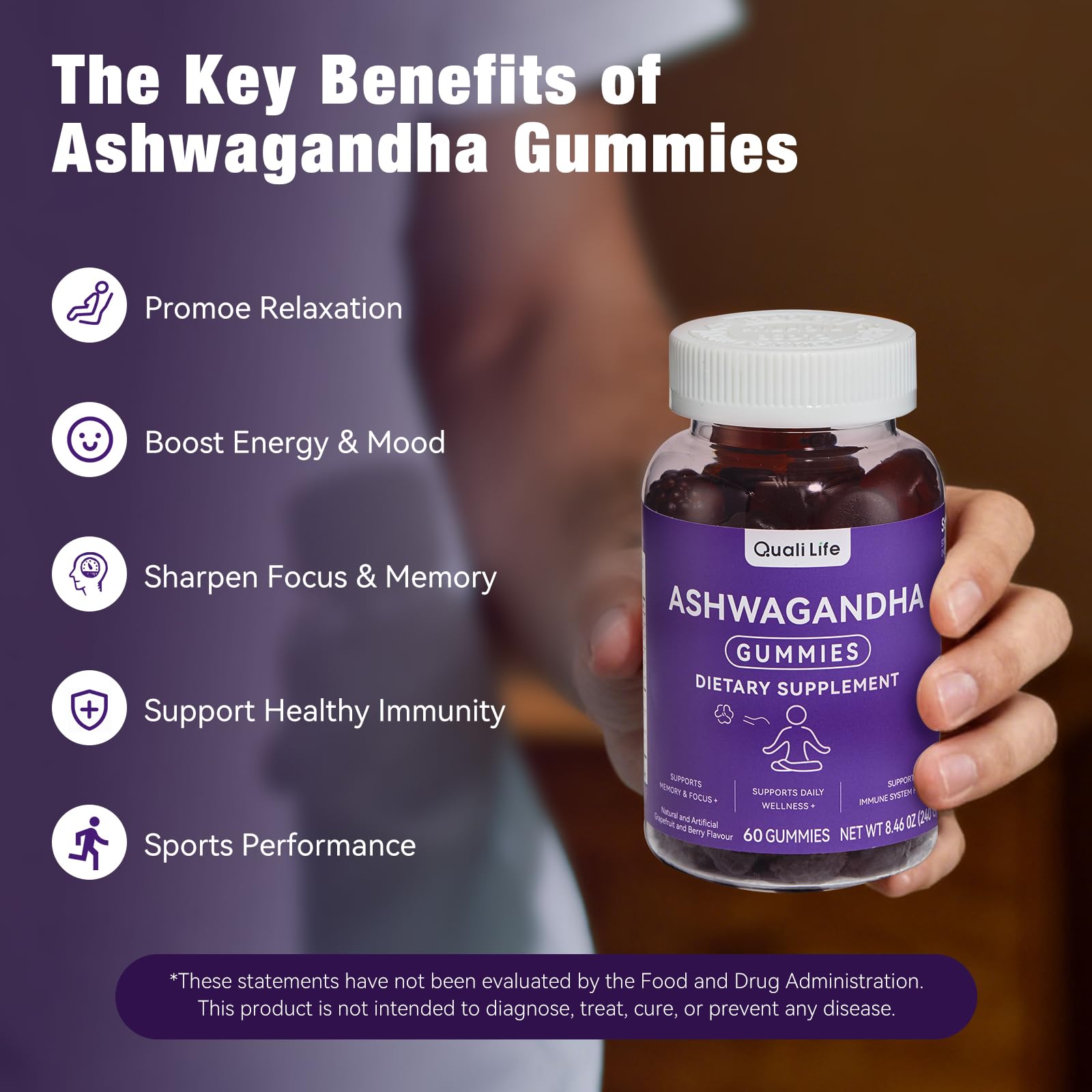QualiLife Ashwagandha Gummies for Relax & Cortisol Support – High Strength Root Extract with Cranberry & Chaste Tree, Grapefruit & Berry Flavour – Vegan, Non-GMO, Gluten-Free – 60 Gummies (30 Days) QualiLifeAu supplements