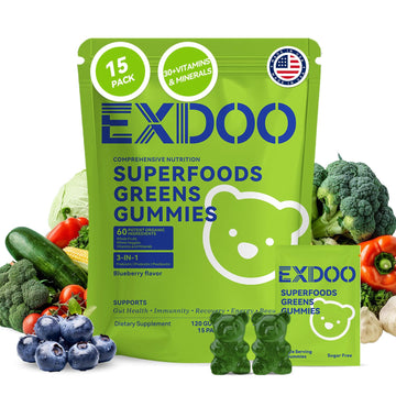 exdoo Super Greens Fiber Gummies Multivitamin Superfood Gummy with Spirulina Chlorella Prebiotic Probiotic Postbiotic for Digestive Health Supplement 15 Packs 120 Gummies exdooAu supplements