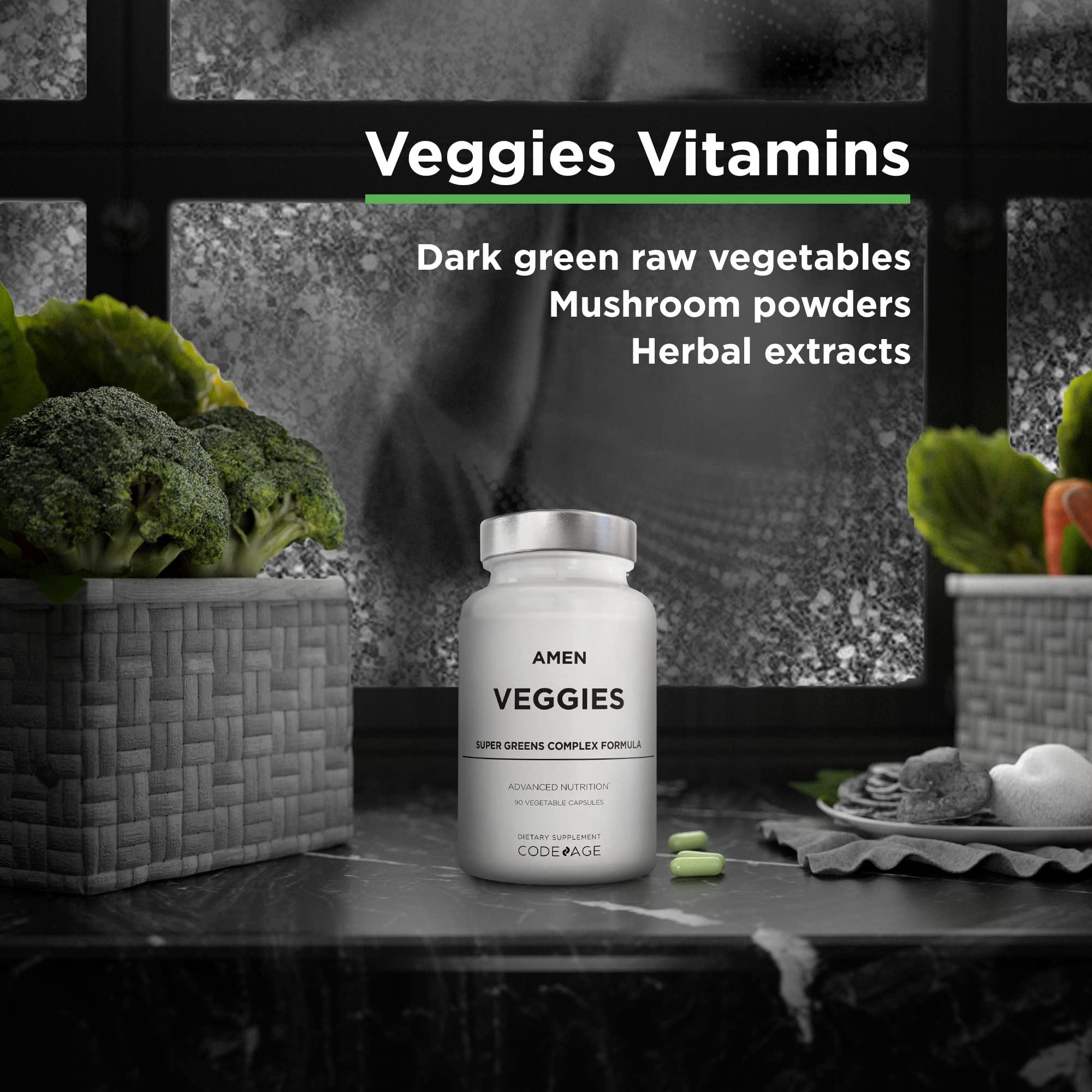 Amen Veggies, Daily Veggies Vitamins Supplement, Vegetables Vegan Blend & Whole-Food Raw Greens Multivitamin Capsules, Mushroom Complex, Superfood, Minerals, Green Vegetable Nutrients, Non-GMO, 90 ct AmenAu supplements