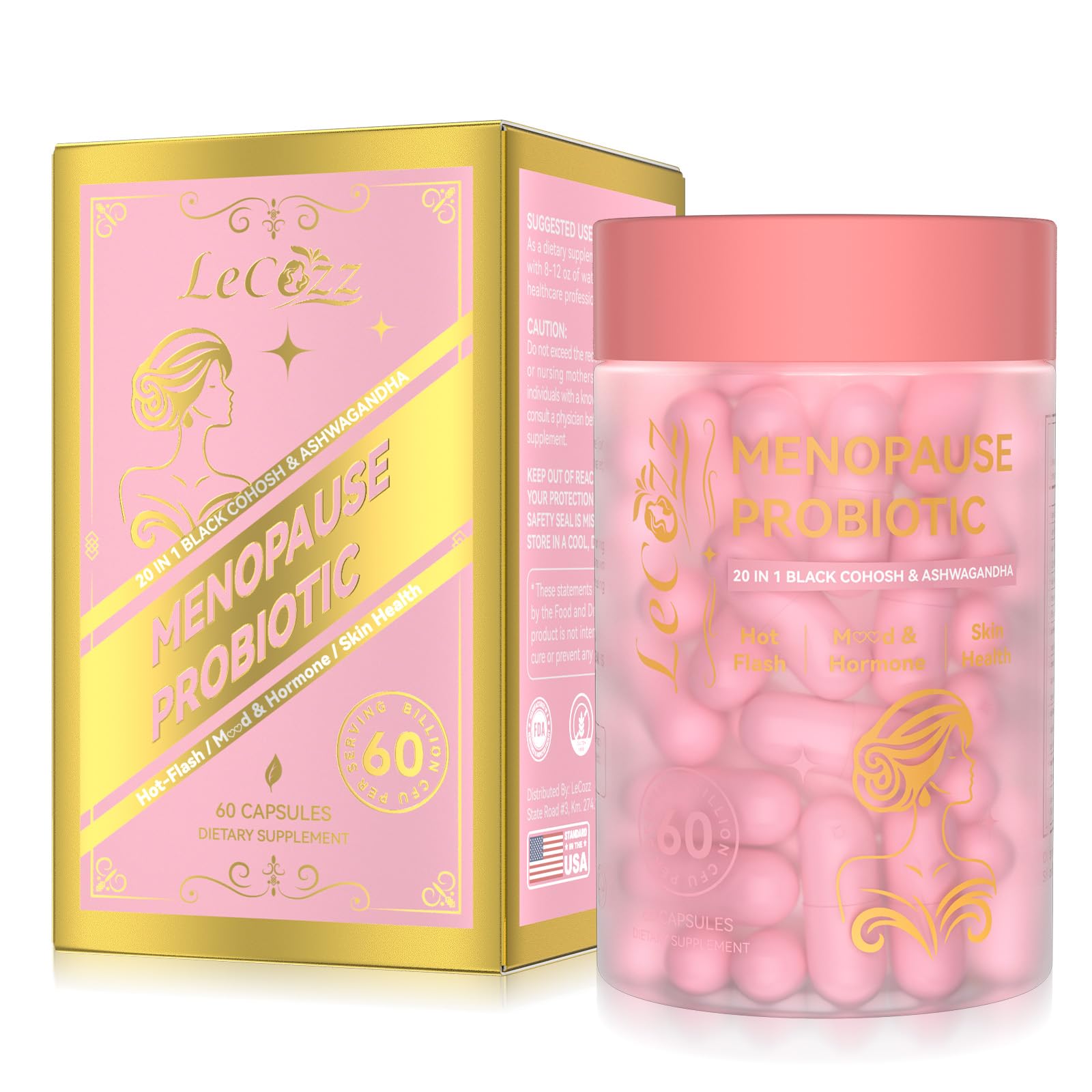 LeCozz Menopause Supplement for Women : Hormone-Free Probiotic with Black Cohosh & Ashwagandha Support for Hot Flashes Mood Balance & Skin Health 60 Capsules LeCozzAu supplements
