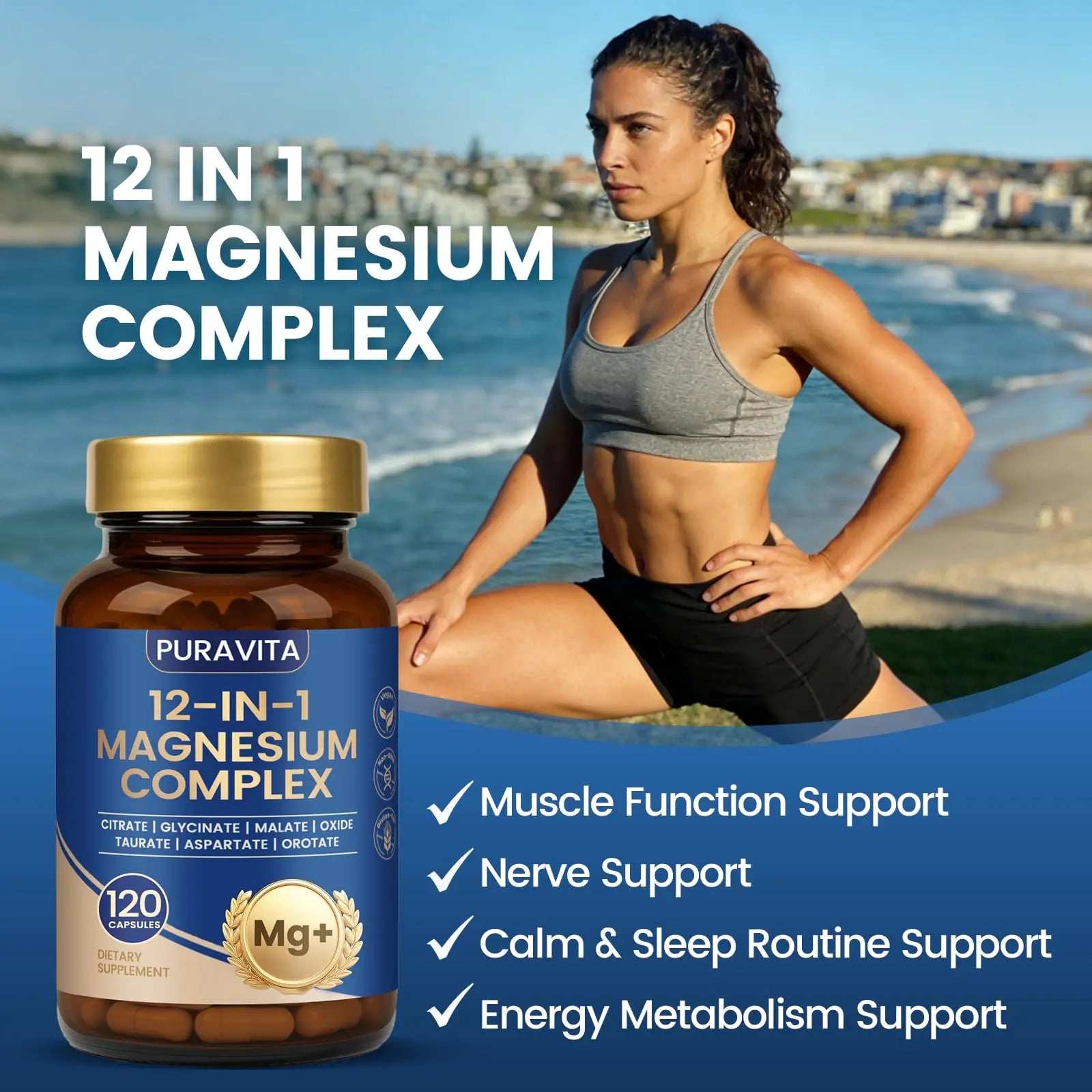 Puravita Magnesium Complex - Puravita 12 in 1 Magnesium Supplement with Glycinate, Citrate, Malate, Oxide, Taurat & More for Muscle, Nerve & Sleep Support, 120 Count PURAVITAnz supplements