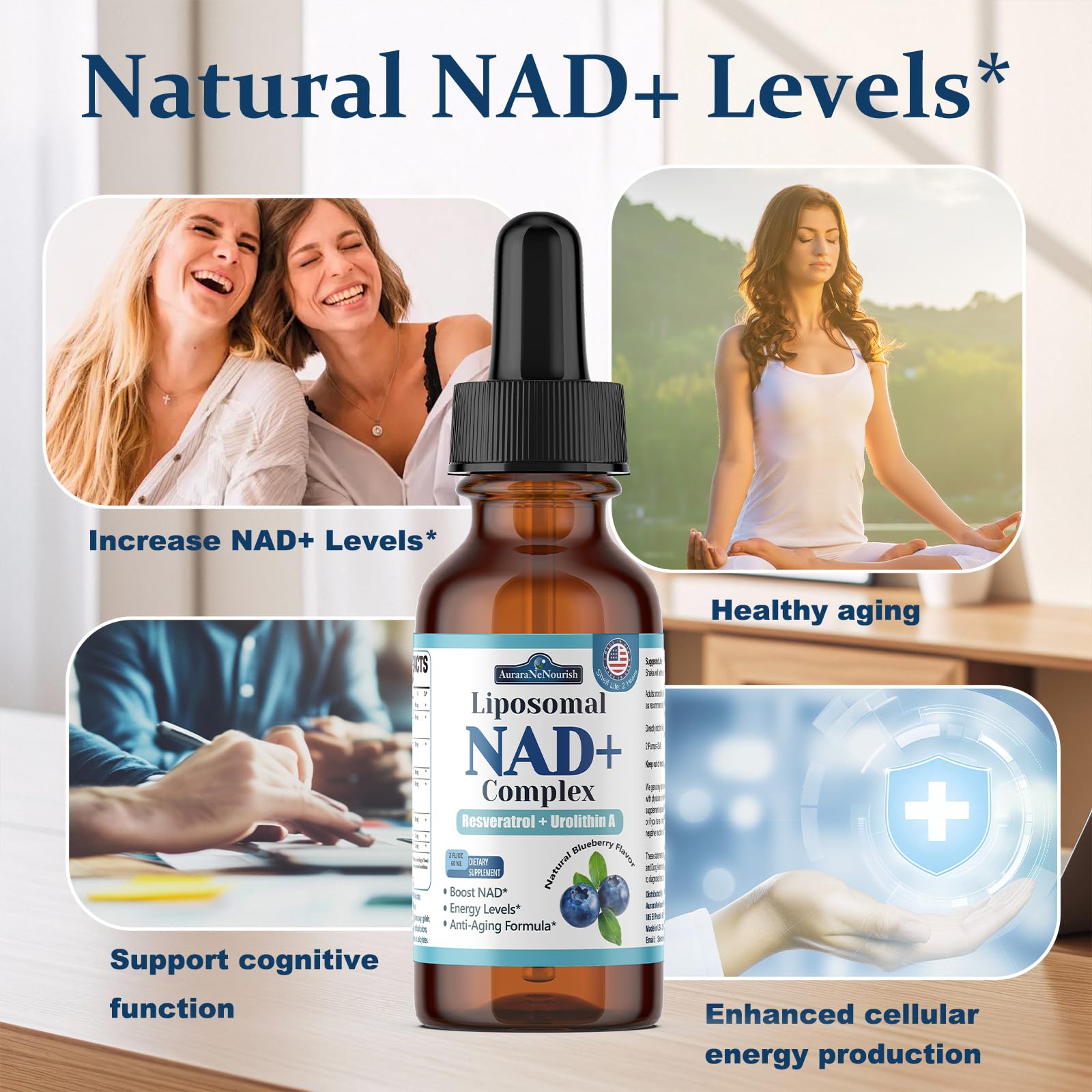 Liposomal NAD+ Liquid Drops, 8-in-1 NAD⁺ Nicotinamide Riboside Resveratrol 900mg w. Quercetin & Urolithin A | Fast Absorption NAD+ Supplement with CoQ10, ALA | Cellular Energy, Anti-Aging, Vitality AuraraNeNourishAu supplements