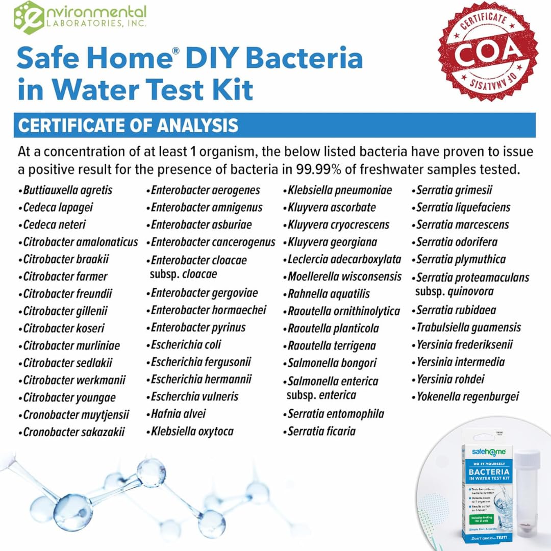 Safe Home® DIY Bacteria in Water Test Kit – Results as Fast as 6 Hours – Detects 50 Different Species of Coliform Bacteria – EPA Lab Certified – Made in the USA – (1 Pack) Safe HomeAu supplements