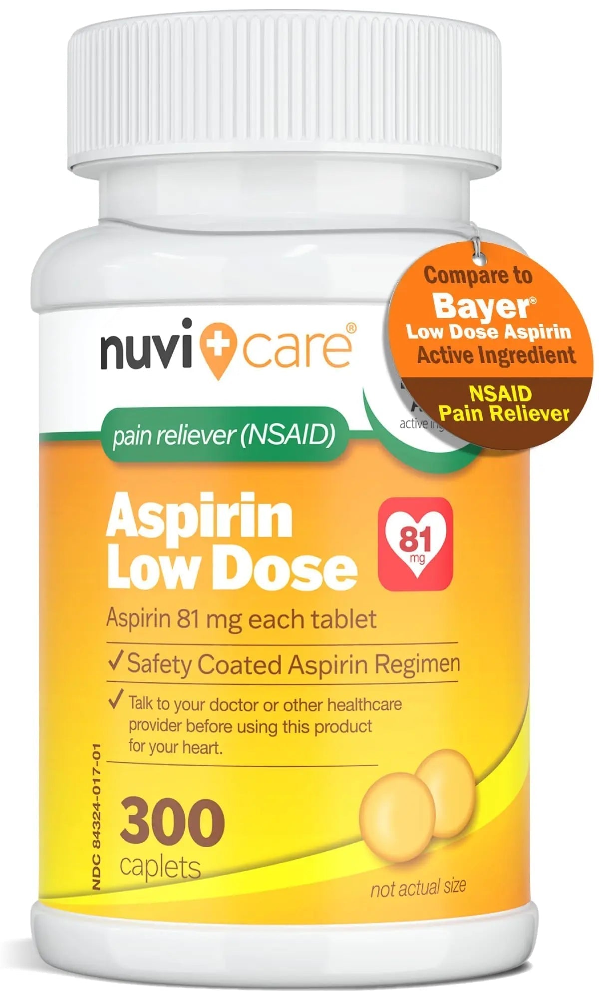 NUVICARE Low Dose Aspirin 81mg for Adults Coated Caplets - Compare to Active Ingredient in Low Dose Bayer Aspirin for Adults - Safety Coated (300 Count) NUVICAREAu supplements