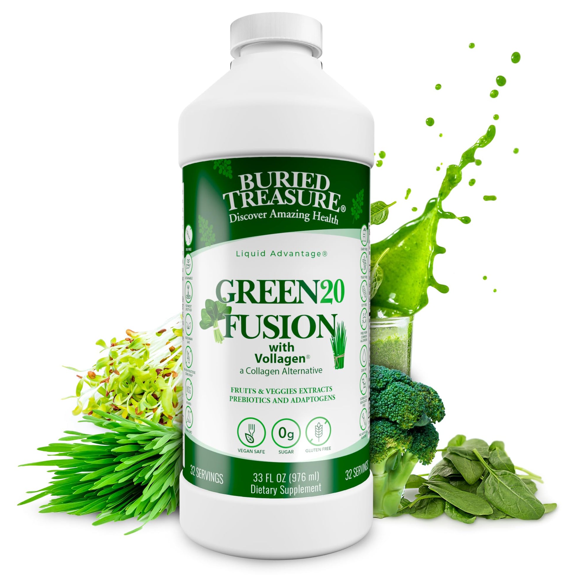 Buried Treasure Green20 Fusion – Superfood Blend with Vollagen for Skin, Hair, and Joint Support, Plant-Based, Vegan, Non-GMO Gluten-Free, Dairy-Free, Soy-Free, 32oz Liquid Buried TreasureAu supplements